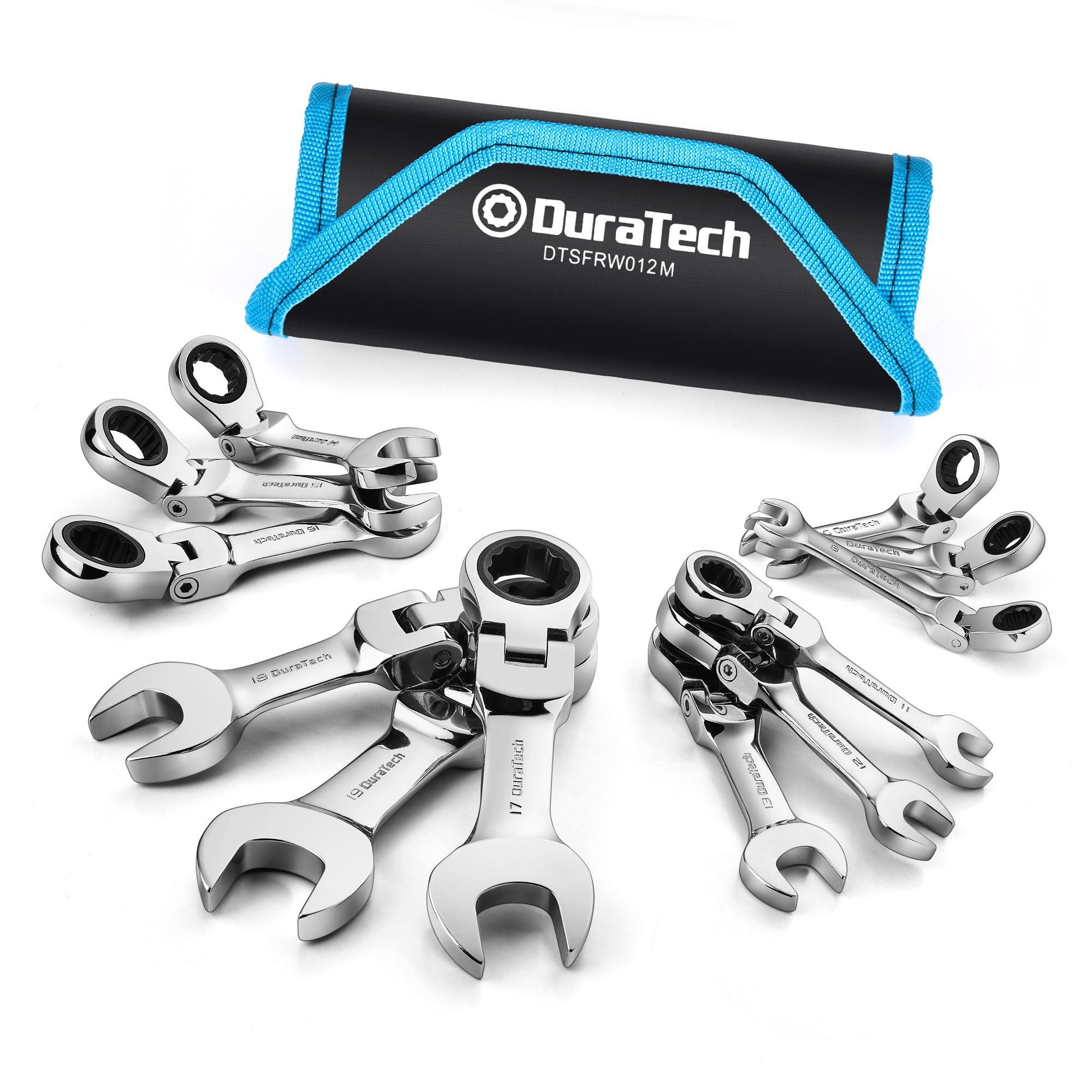 DURATECH Stubby - Set di chiavi combinate a cricchetto con testa flessibile, metrica, 12 pezzi, 8-19 mm, acciaio CR-V, con custodia