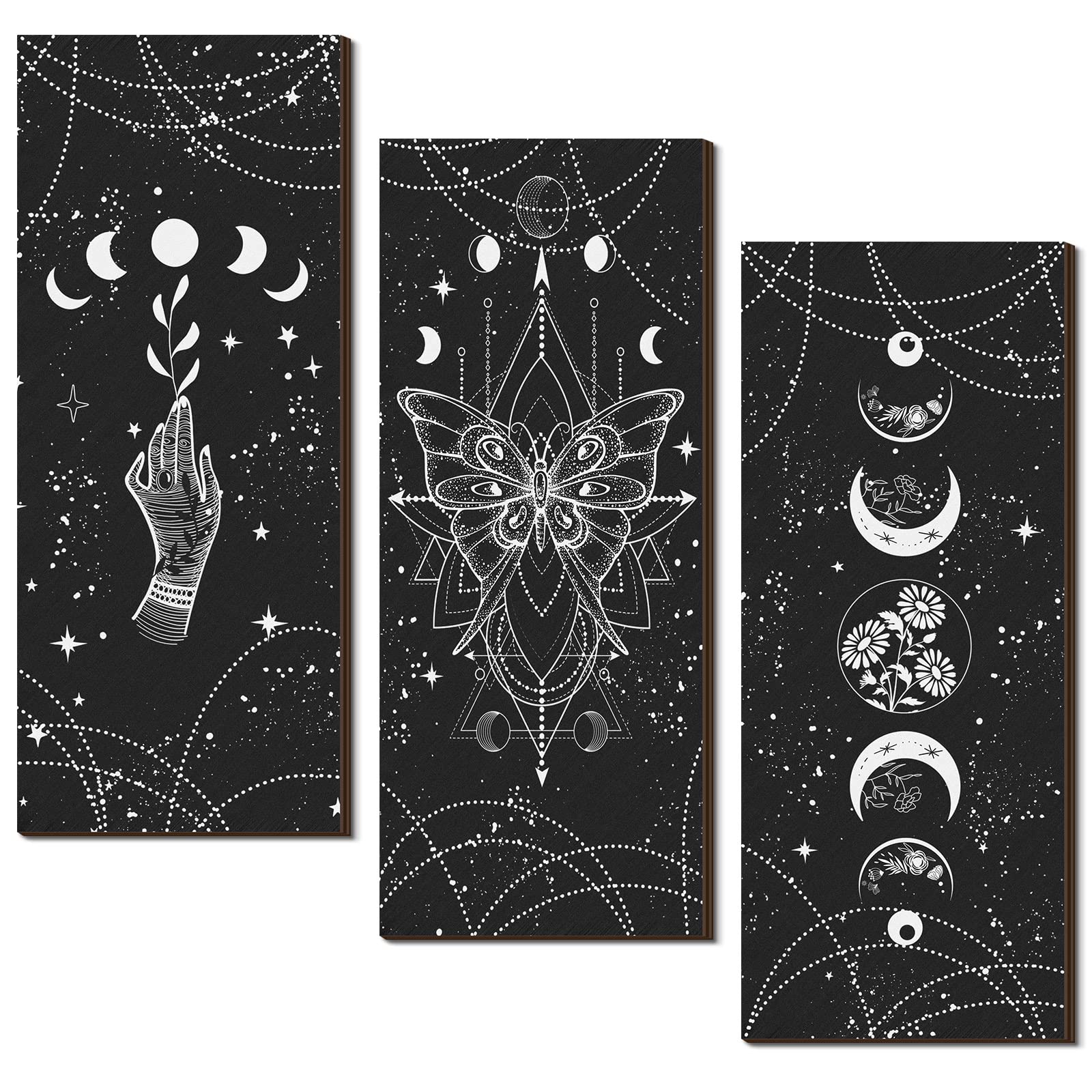 Ferraycle 3 Pcs Rustic Boho Wall Decor Witchy Phases Moon Gothic Phases Wall Art Stars and Moon Crescent Minimalist Wooden Aesthetic Nordic Hanging Sign for Witchy Home Room Farmhouse(Dark Color)