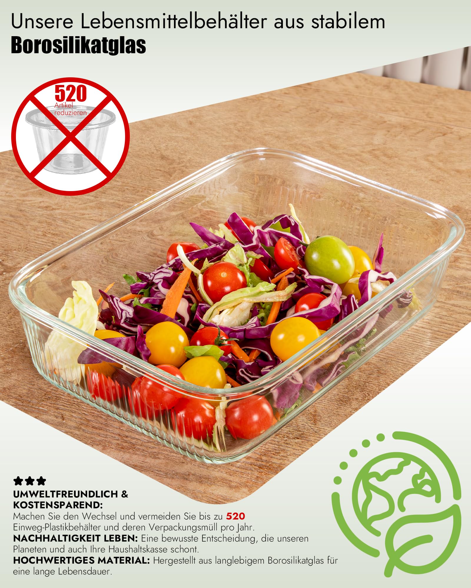 Glasdosen Set 2200ml mit Druckverschluss, Luftdicht & Auslaufsicher, Für Mikrowelle & Backofen, Ideal für Meal Prep & Aufbewahrung