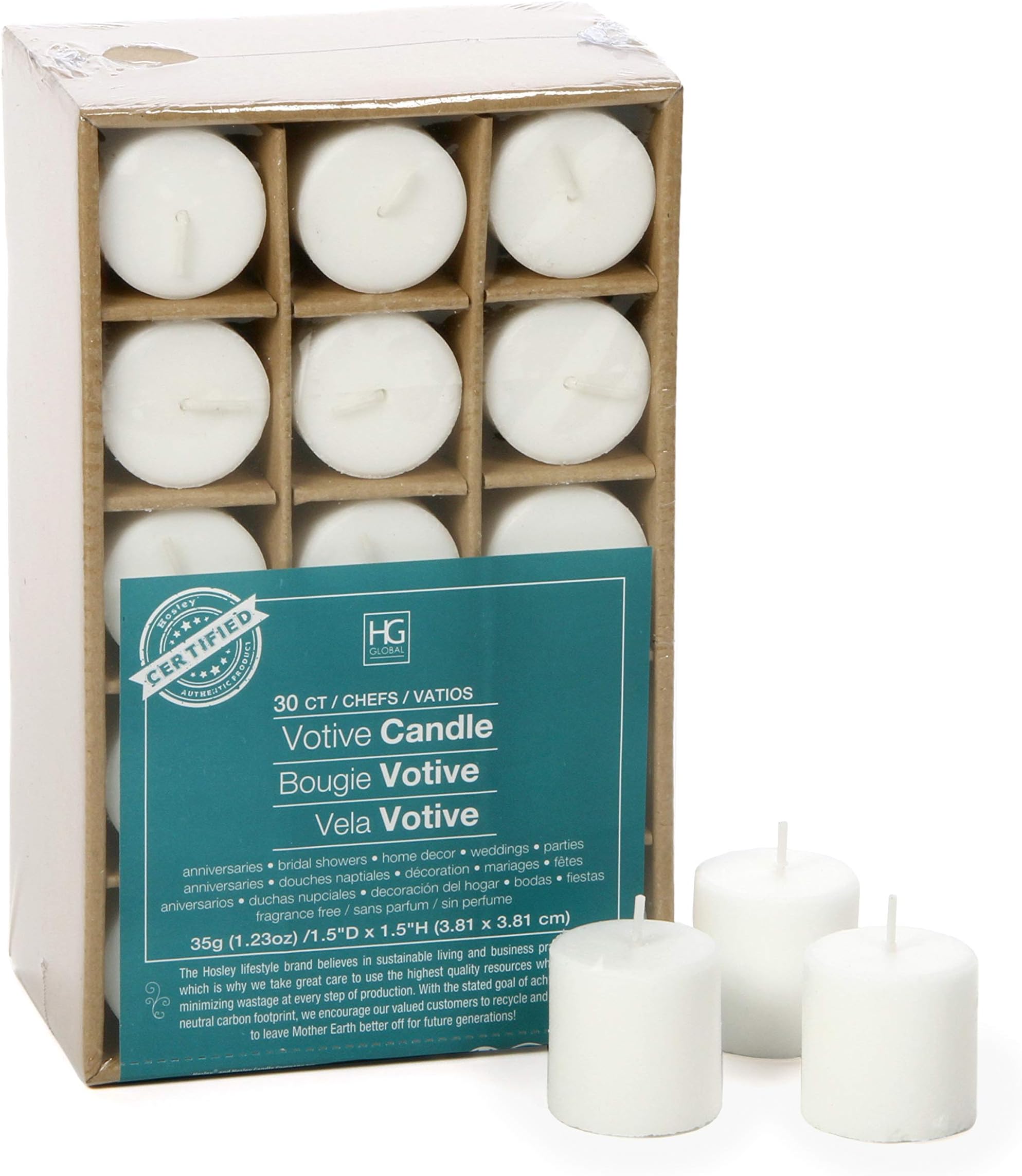 Hosley Set of 30 White Unscented Votive Candles. Up to 10 Hour Burn. Bulk Buy. Wax Blend. Ideal for Wedding, Birthday, Spa, Aromatherapy, Party, Everyday Use O2