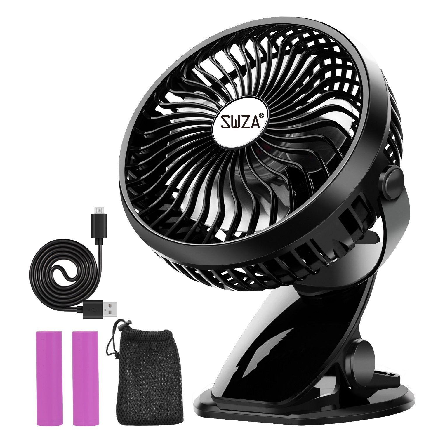 Stroller Fan Clip on Fan Rechargeable Battery Operated Fan - Powerful Airflow Low Noise - SWZA Portable Clip Fan for Baby Stroller Travel Hiking Camping (2 Batteries and 1 Reusable Mesh Bag included)