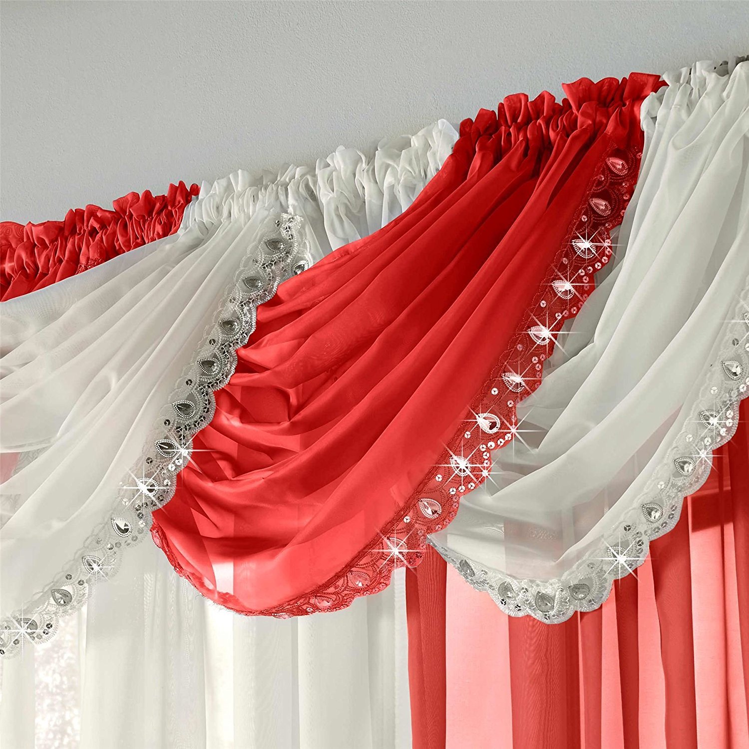 Maple Textiles Glitzy Sparkle Jewelled Crystal Sequin Trim Voile Curtain Swag (Red)