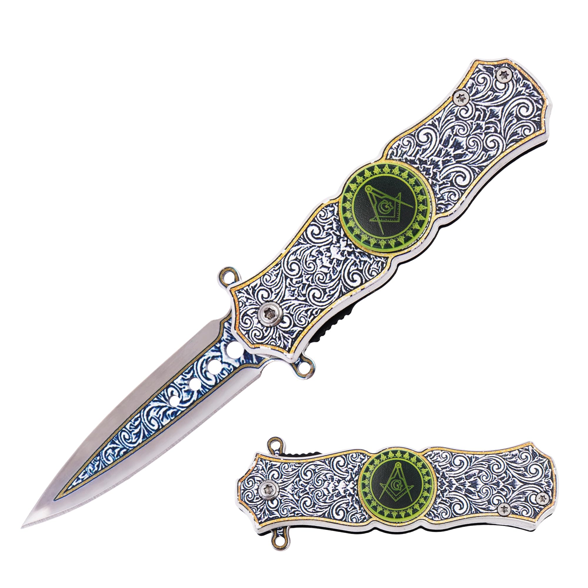 Masonic Folding Knife with Fidget Spinner, Crafted, Durable Tool with Engraved Masonic Emblems for Everyday Use, Ceremonial Purposes, & Collectors, Craftsmanship Practical Design (Camo)