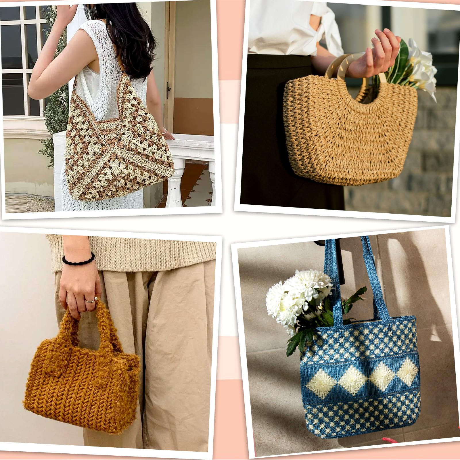 4 bases de bolsa para ganchillo, parte inferior de bolso para bolsas de ganchillo, parte inferior de bolso con agujeros, bolsa de ganchillo ovalada larga para tejer la base de bolsos de hombro (4