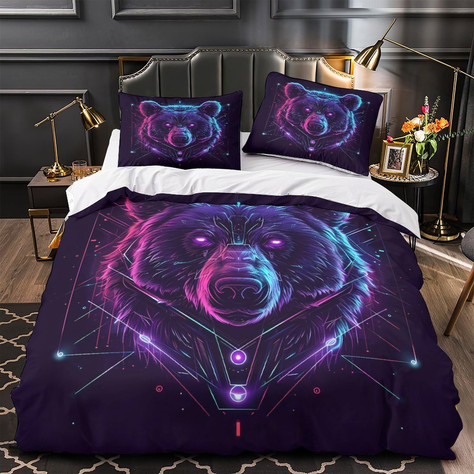 Housse de couette ours néon 3D inaltérable en microfibre premium