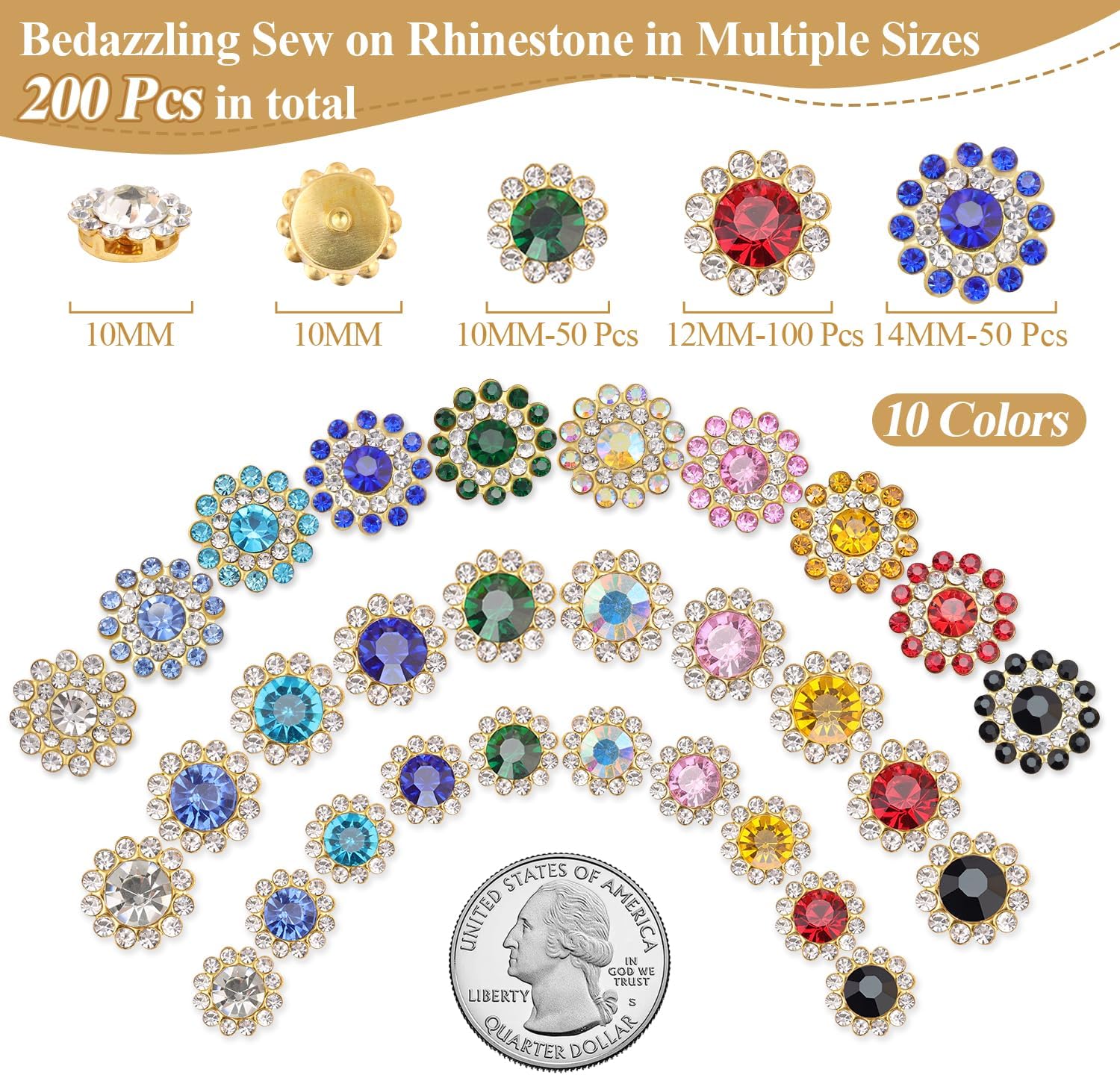 200 Pcs 10/12/14 MM Sew on Rhinestones for Bedazzling,10 Mixed Colors Crystal Glass Flatback Rhinestones for Crafting,Big Gems Large Rhinestone for Clothes Fabric Decor Christmas Thanksgiving Gift - Image 2