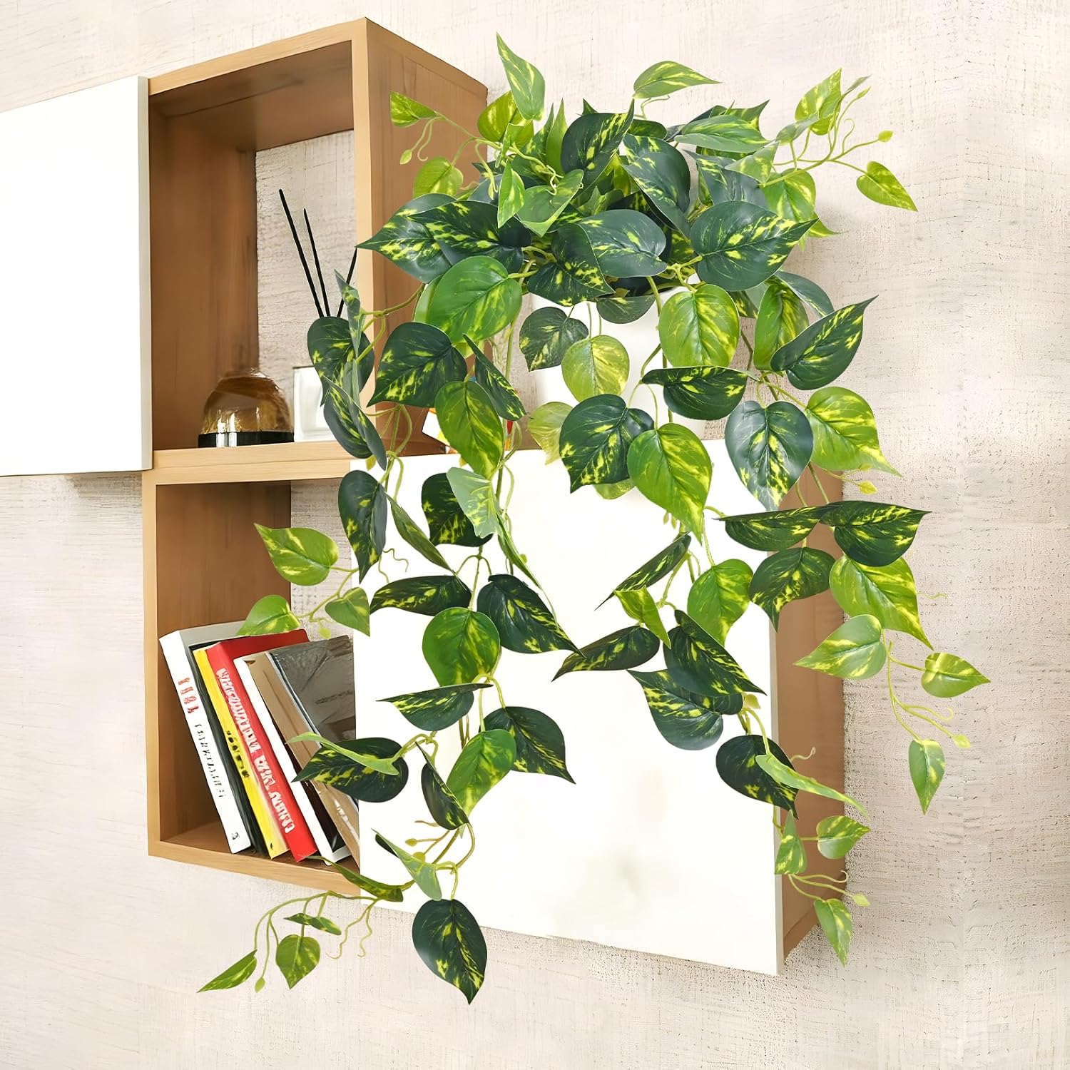 Waipfaru Fake Plants Artificial Plants Indoor, 2Pcs 34" Realistic Artificial Hanging Fake Pothos Vines Ivy Potted, Faux Pothos for Living Room Office Bedroom Bathroom Kitchen Shelves Indoor Home Decor