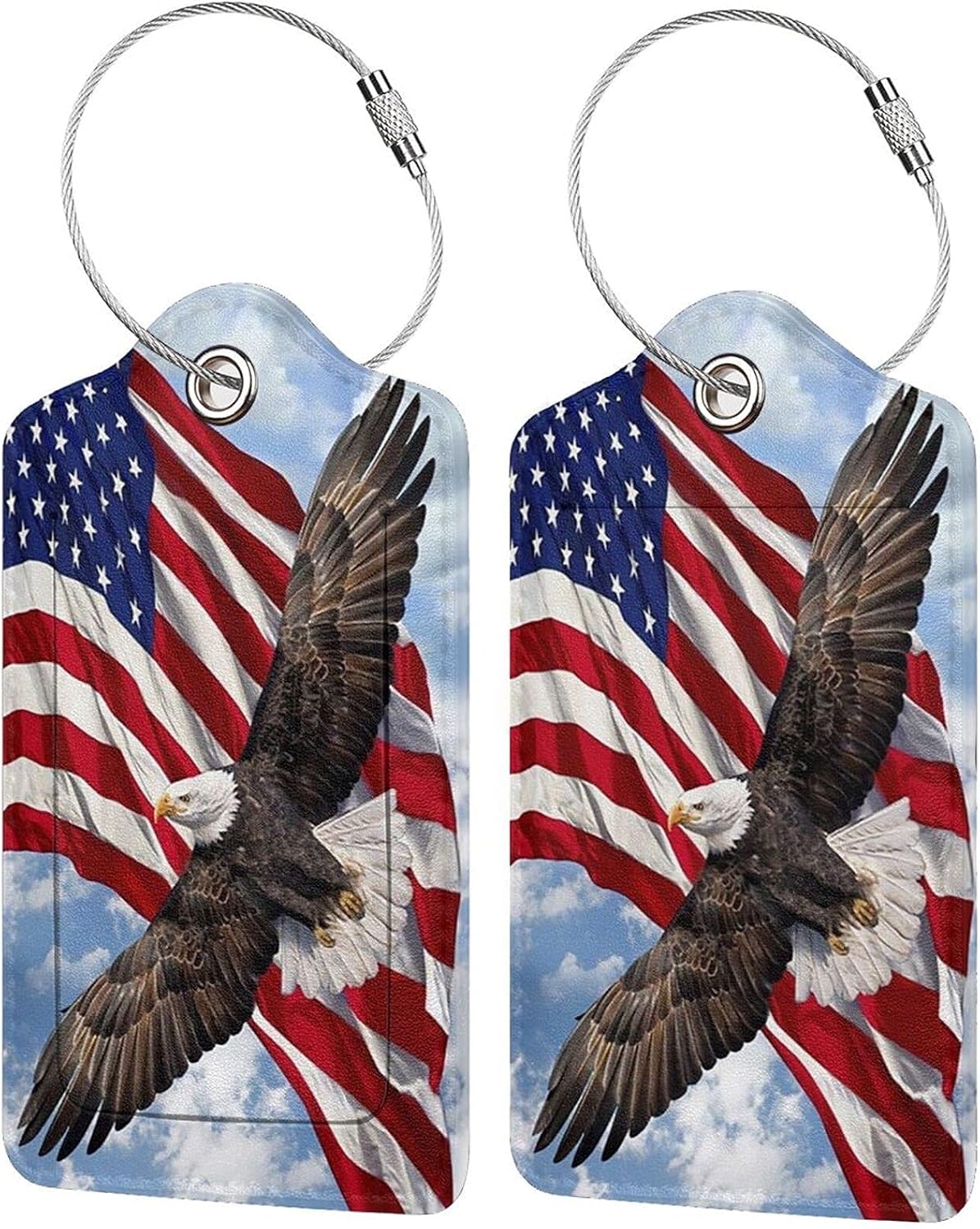 2 Pack American Flag Eagle PU Leather Luggage Tag, Name ID Card Baggage Tags with Privacy Cover Stainless Steel for Women Men Kids Girls Travel