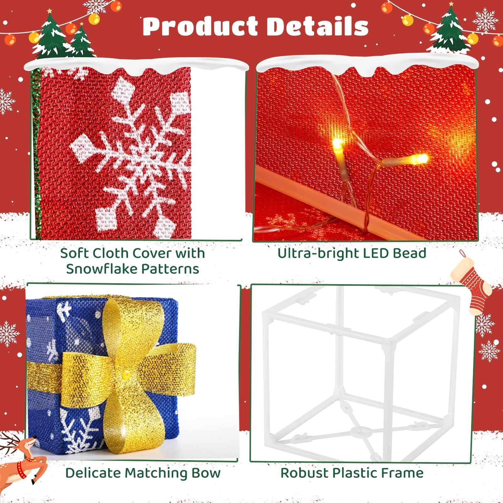 Set di 3 scatole regalo illuminate per Natale, decorazioni natalizie illuminate a LED con fiocchi, perfette per uso interno ed esterno