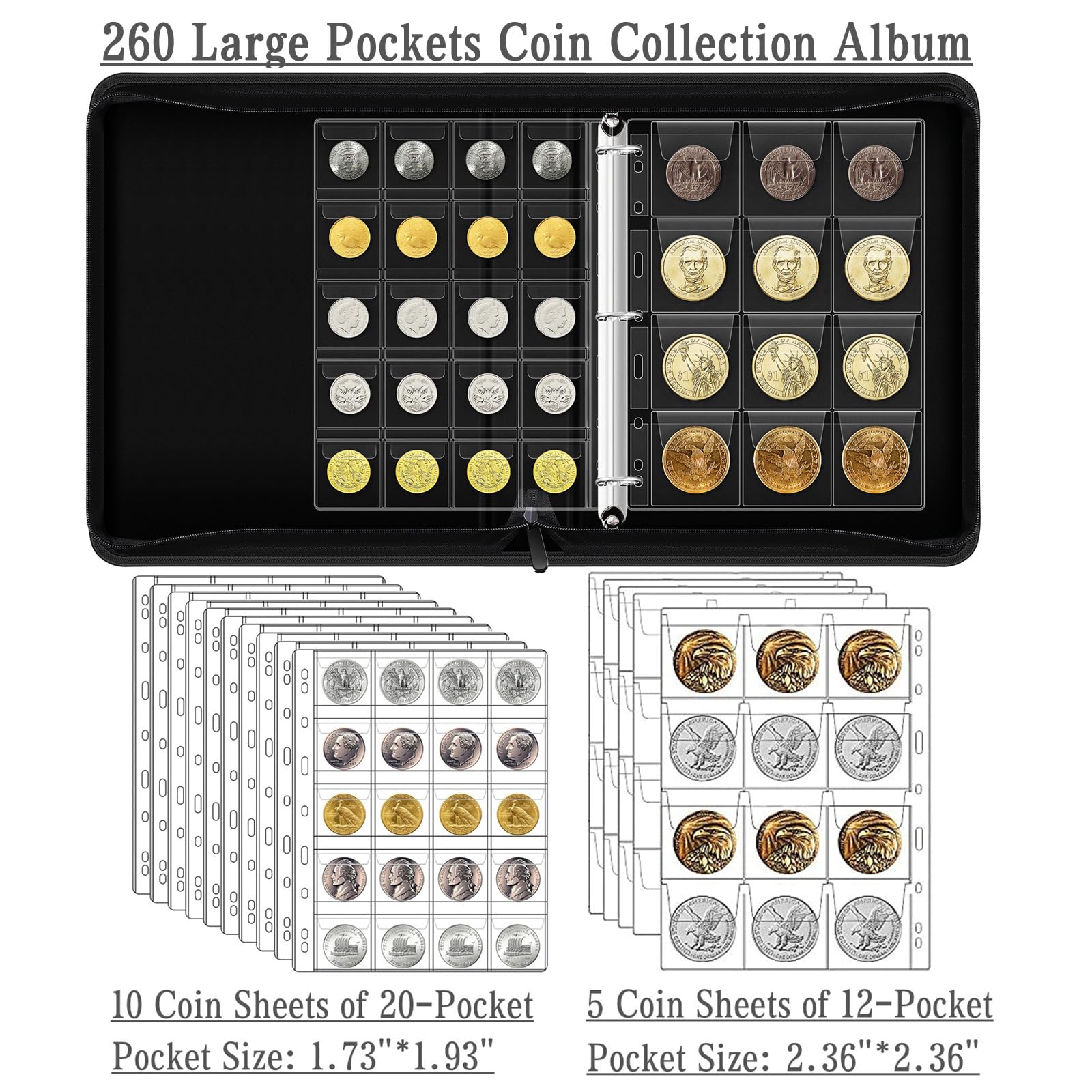 Ettonsun Coin Collection Book for Collectors 260 LARGE Pockets Coin Collecting Storage Holder Album - Image 3