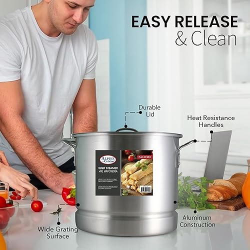 Miniatura 3 de Alpine Cuisine Olla de vapor de aluminio con tapas de olla de cocción de 52 cuartos de galón  Gran capacidad de cocción al vapor duradera de varios