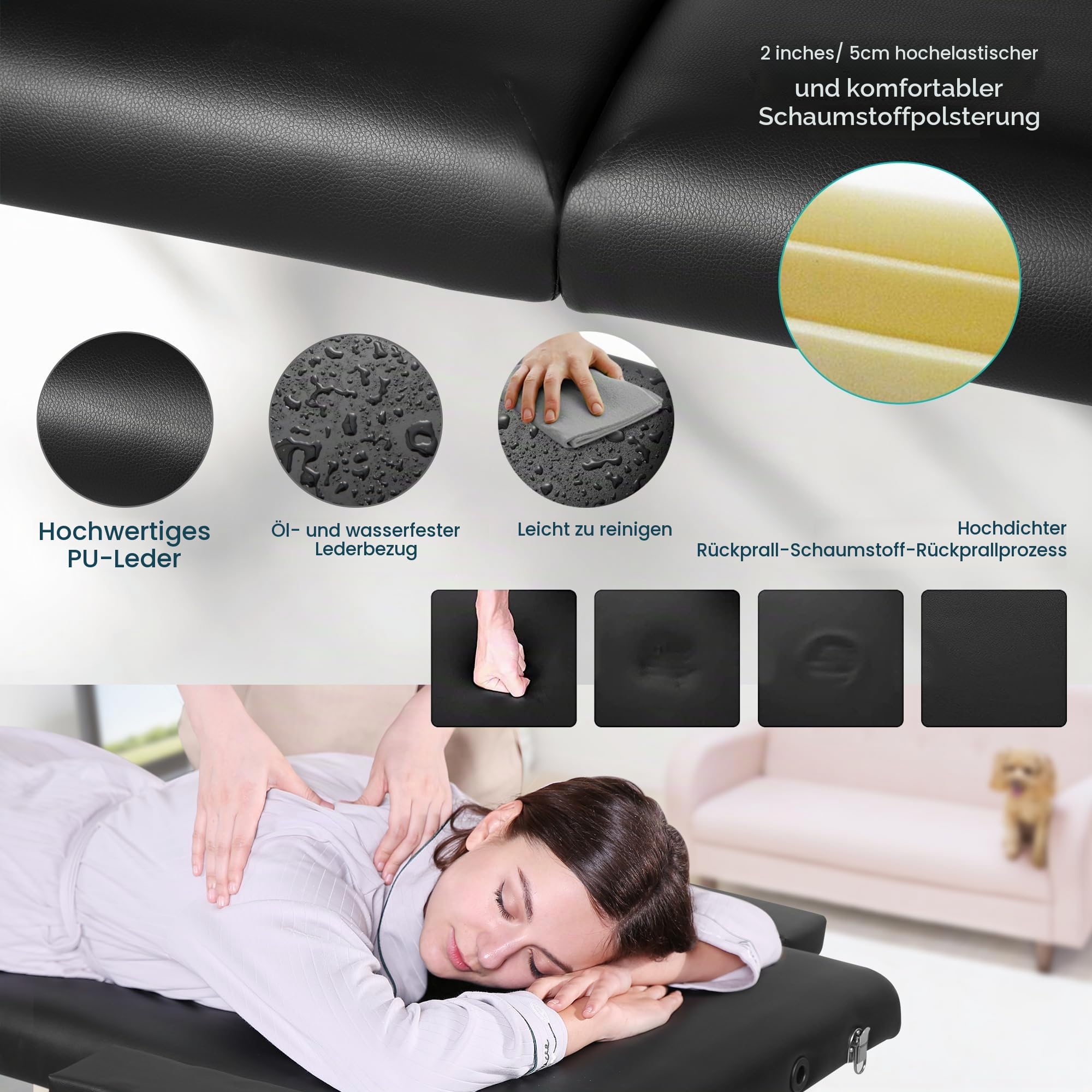 BODIOO Massageliege klappbar Mobile Massagetisch mit Holzfüßen 2-Zonen höhenverstellbar Tragebares Massagebett inkl. Kopfstütze & Armlehnen bis 250 kg Belastbar-Schwarz