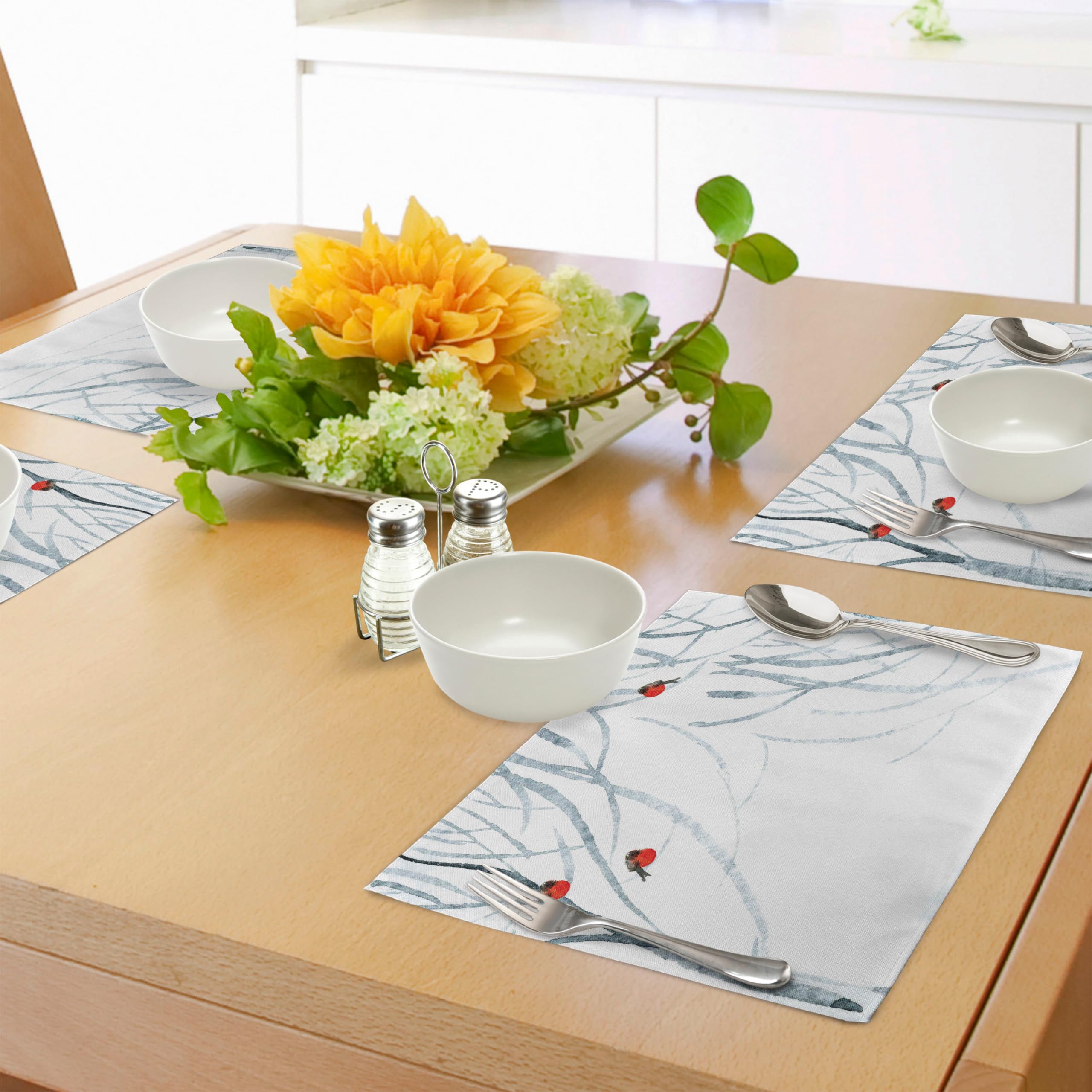 ABAKUHAUS Modern Place Mats Set of 4, Woods Bullfinches, Washable Fabric Placemats for Dining Room Kitchen Table Decor Pale Grey White - Image 4