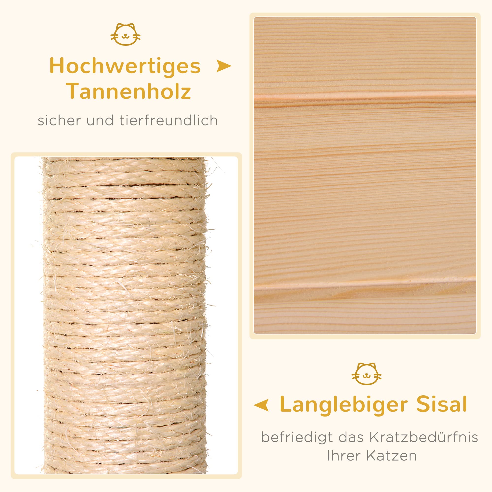 PawHut Katzenhöhle, Katzenbett mit Hängematte, Sisalstamm, Plattform Katzenhaus aus Holz Kratzbaum für Katzen für Indoor 70 x 35 x 60 cm Natur