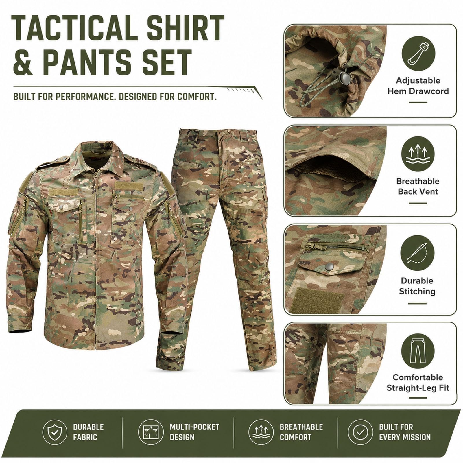 Set da uomo con camicia e pantaloni cargo, a maniche lunghe, per escursionismo, campeggio, lavoro e allenamento