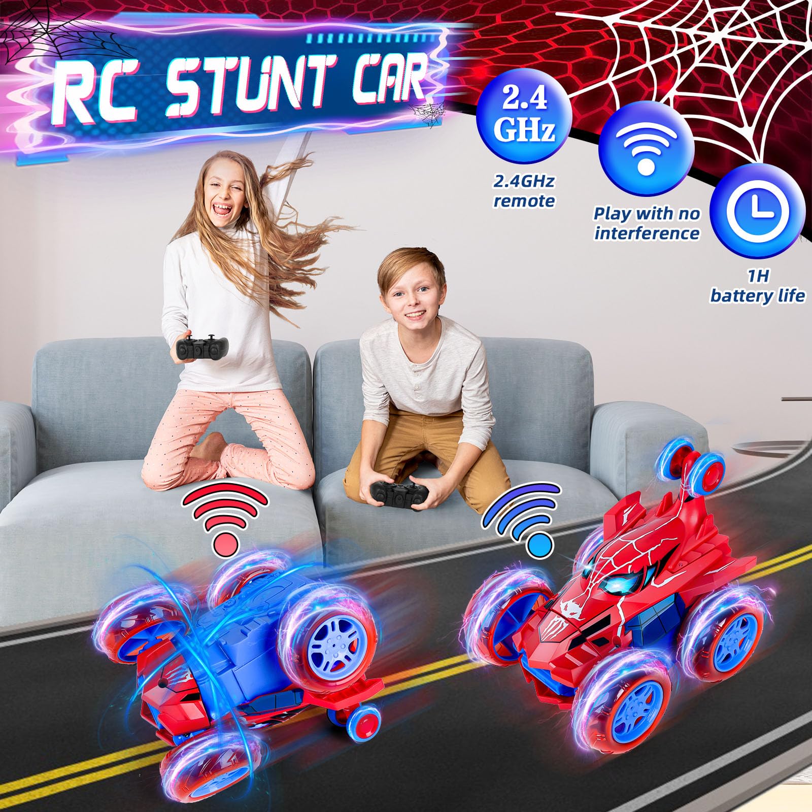 Spider RC Stunt Car Toys for Boys 3 4 5 6 7 8 9 10 Year Old, 360° Rotating 4WD Remote Control Cars with Lights All Terrain Rechargeable Off-Road Car Kids Girls Birthday Gifts