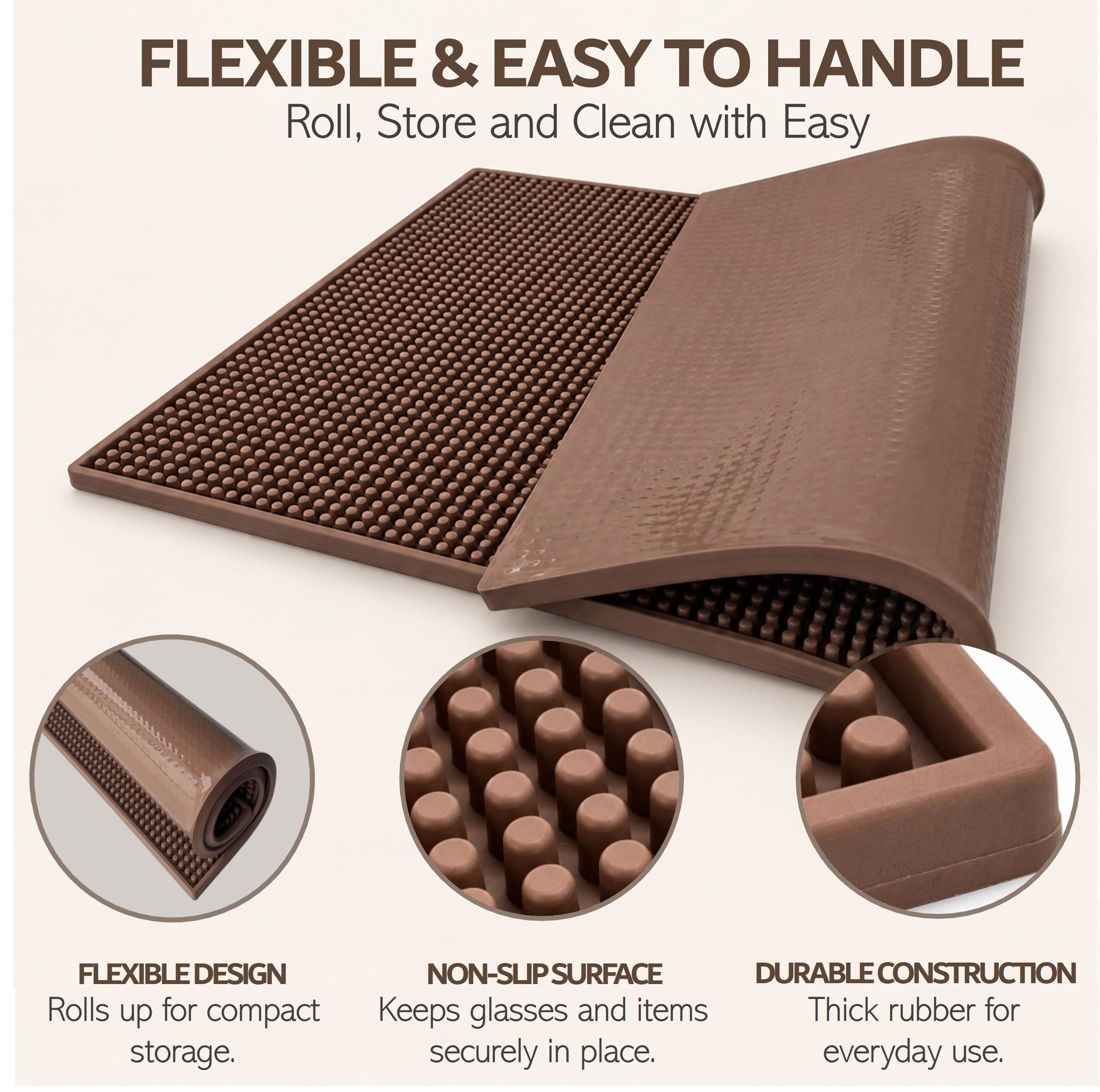 Rubber Bar Mat – Non-Slip Spill & Drip Mat for Bartending, Coffee Bar & Kitchen Countertop, Thick Durable Counter Protector & Stylish Drying Mat (Warm Taupe, 18"x12") — Amazon image 2