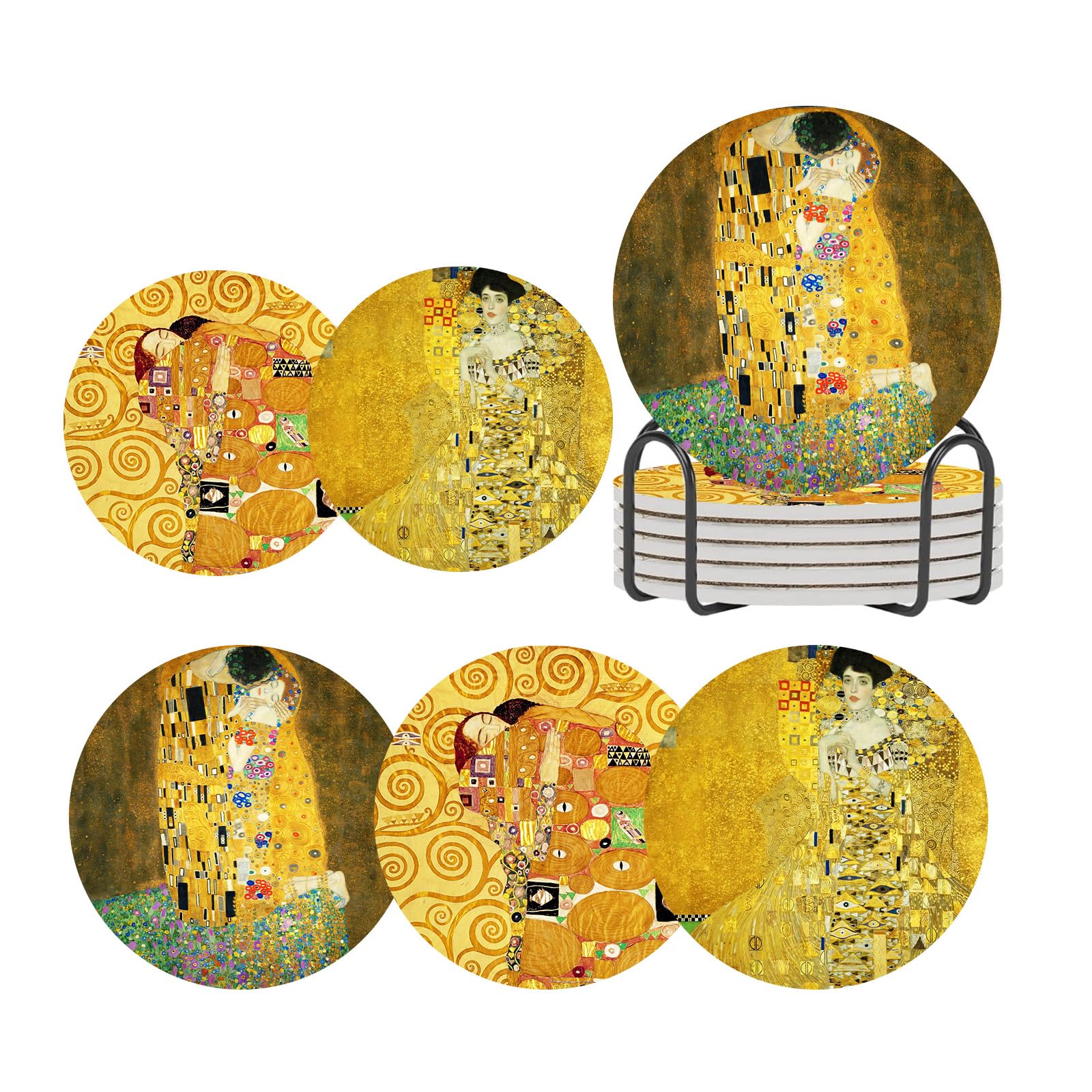 Gustav Klimt Untersetzer für Getränke, rund, saugfähig, Keramik-Stein-Untersetzer mit Metallständer, Klimt Gold Gelb Kunst Untersetzer mit Korkboden für Heimdekoration, Bar, Kaffee, Party,