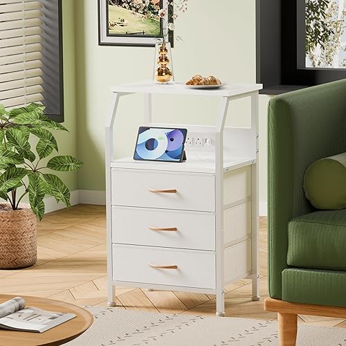 Miniatura 4 de Furnulem Night Stand with Charging Station, 28.3 Inch Tall Bedside Table with PVC Drawers, End Table with USB Ports and Outlets, 3 Fabric Drawer