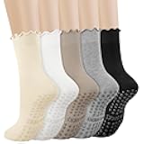5 Pairs Ruffle Pilates Yoga Socks with Grips for Women, Cute Cotton Frilly Cuff Non Slip Grippy Athletic Crew Socks