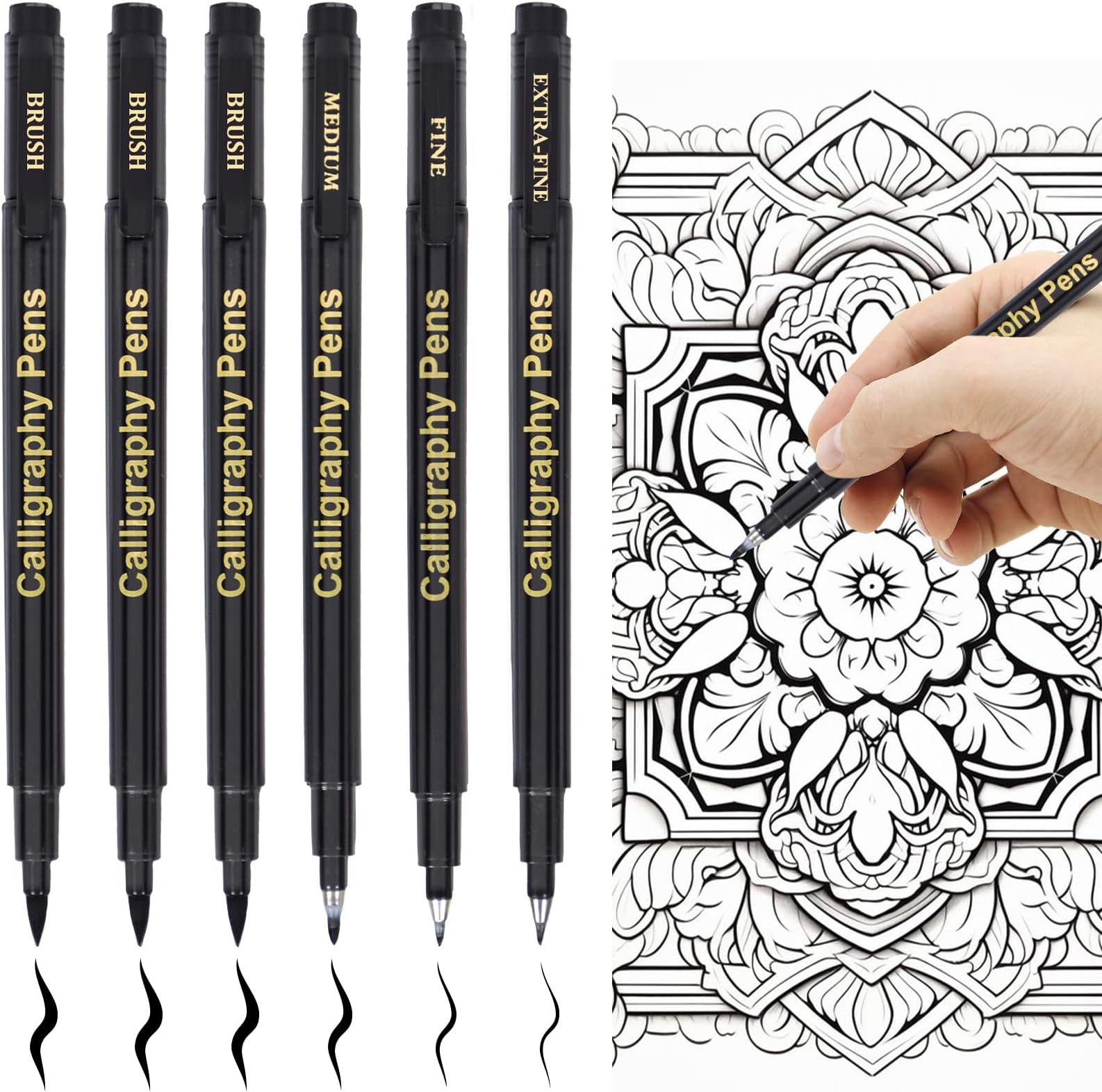 Calligraphy Pens Calligraphy Pen Set for Beginners Black Brush Pens for Hand Lettering Writing Signature Illustration Sketching Scrapbooking Art Drawing Ink Refillable 6 Packs
