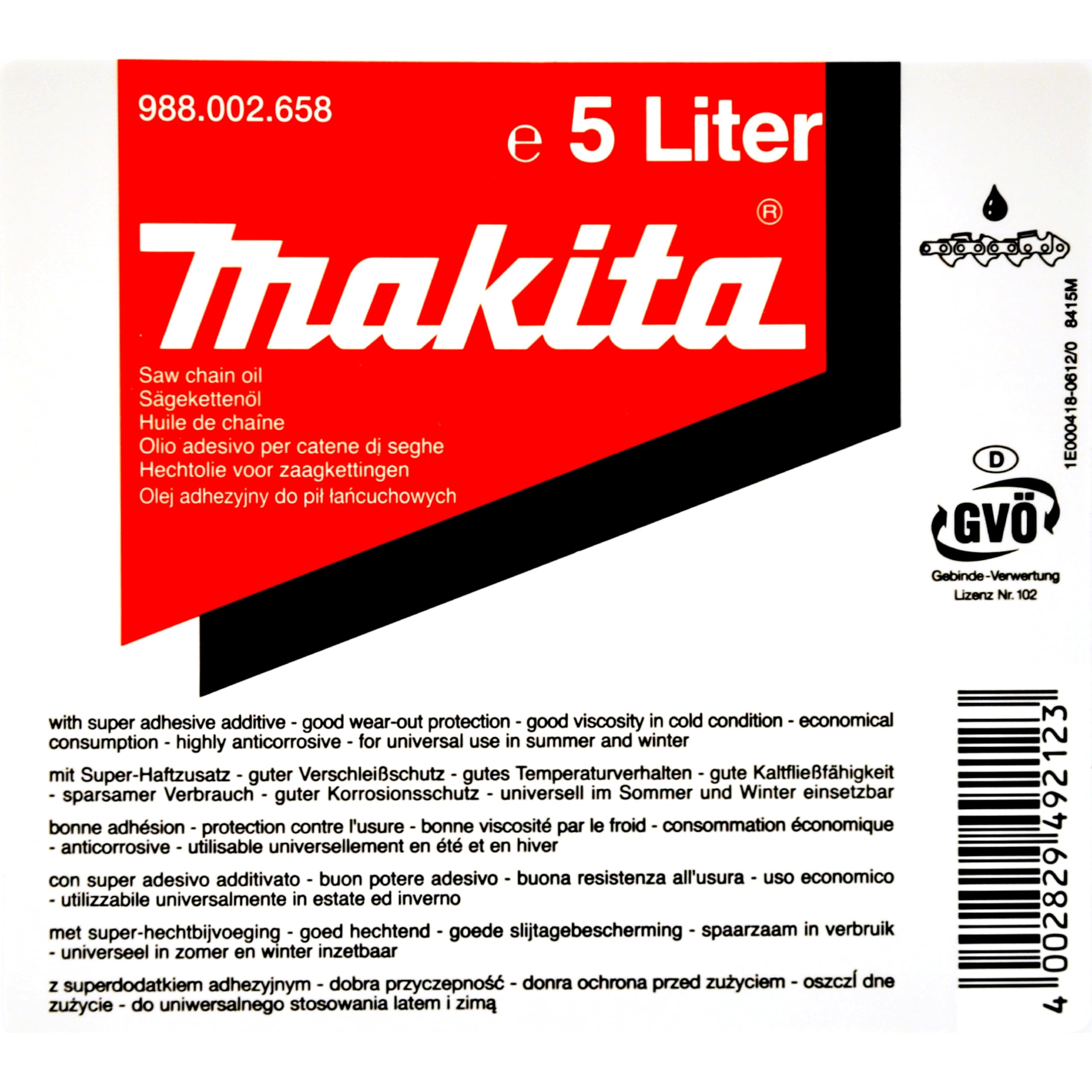 Makita 988002658 Sägekettenöl 5 Liter Mineral Plus, mineralisches Hochleistungs-Sägeketten-Öl mit hochwirksamen Haftzusatz, für Sommer und Winter