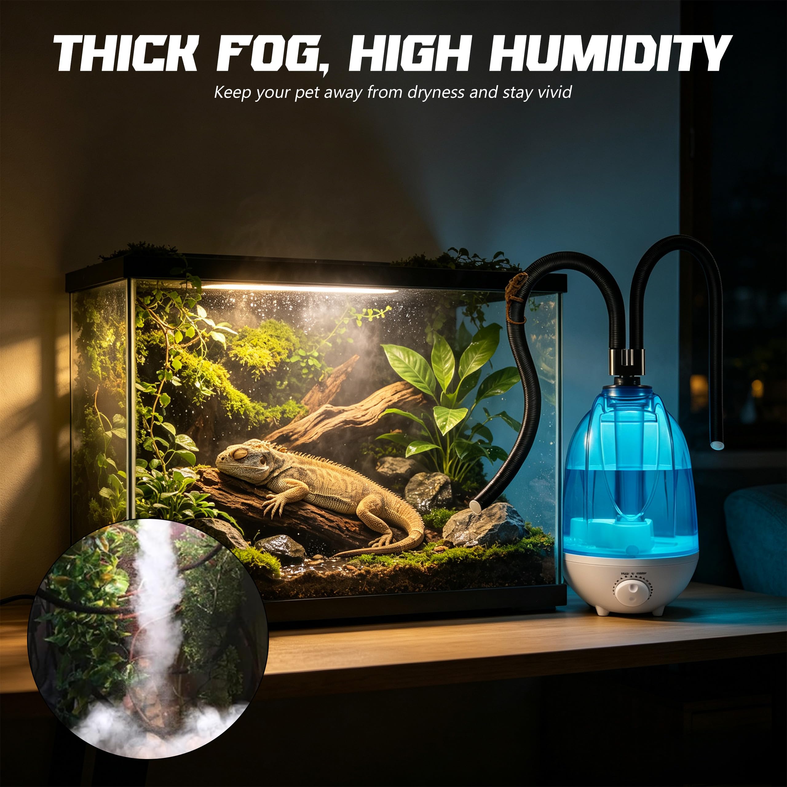 Reptile Terrarien-Luftbefeuchter 4L, 300 ml/h Nebelgerät mit 7-farbiger Nachtbeleuchtung, verstellbarem Schlauch & leiser Fogger-Vaporizer-Funktion für Reptilien
