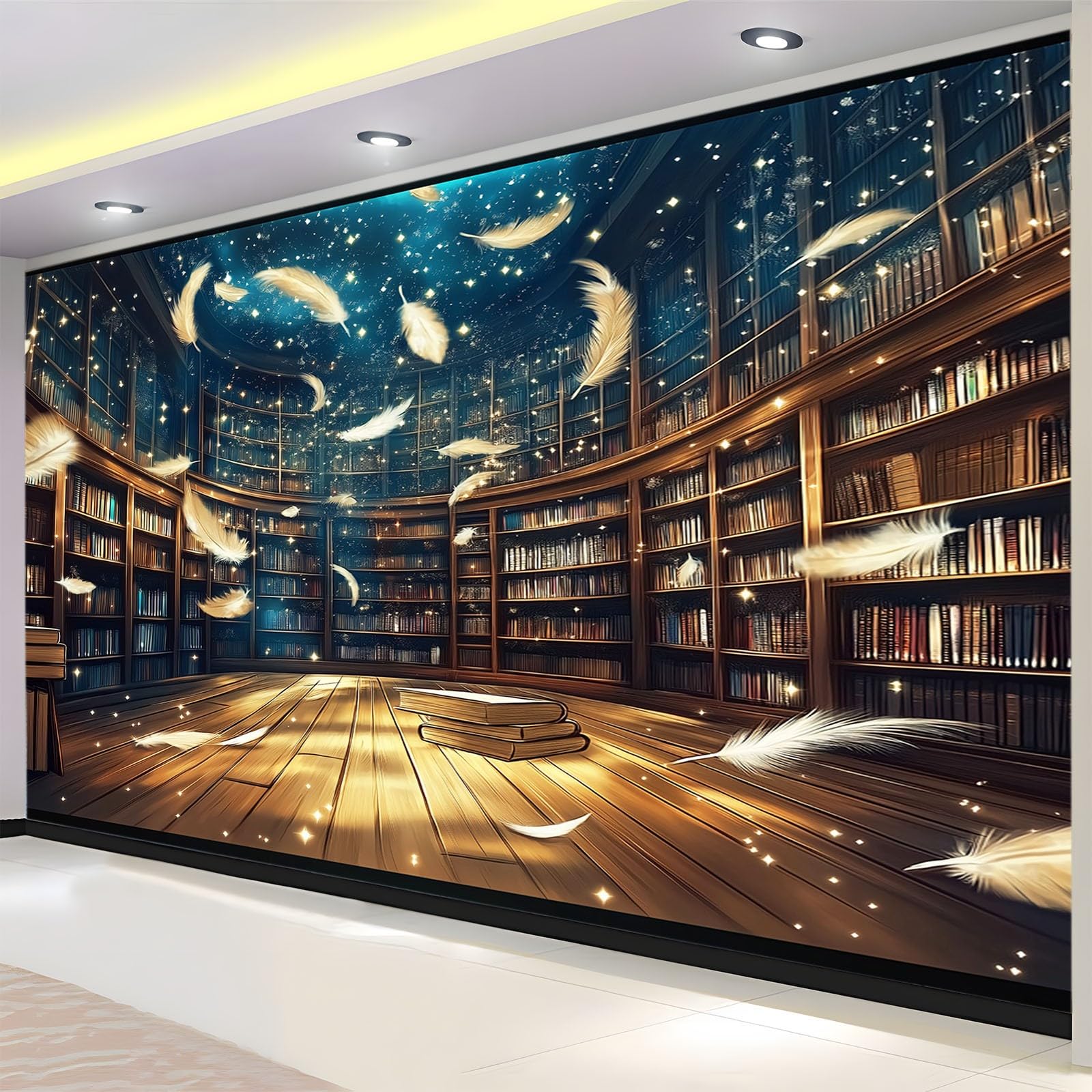Fototapete Vlies Tapete Digitale Kunst Magische Bibliothek Bücher Federn 400 x 280 cm 3D Effekt Wandbild Vlies Wandtapete Moderne Wohnzimmer Mural Schlafzimmer Kinderzimmer TV Hintergrund Wand