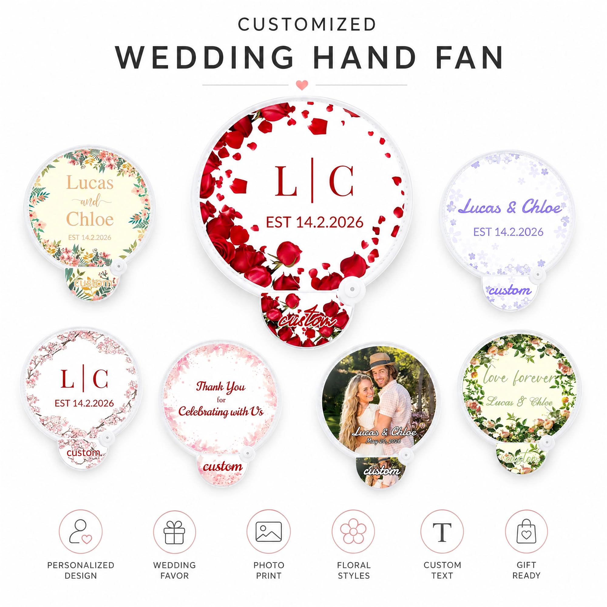 50 Piezas Abanicos Redondos Plegables Personalizados, Portátil Abanico Personalizado para Boda con Foto y Texto, Detalles de Boda para Invitados, Regalo en Eventos al Aire Libre y Fiestas