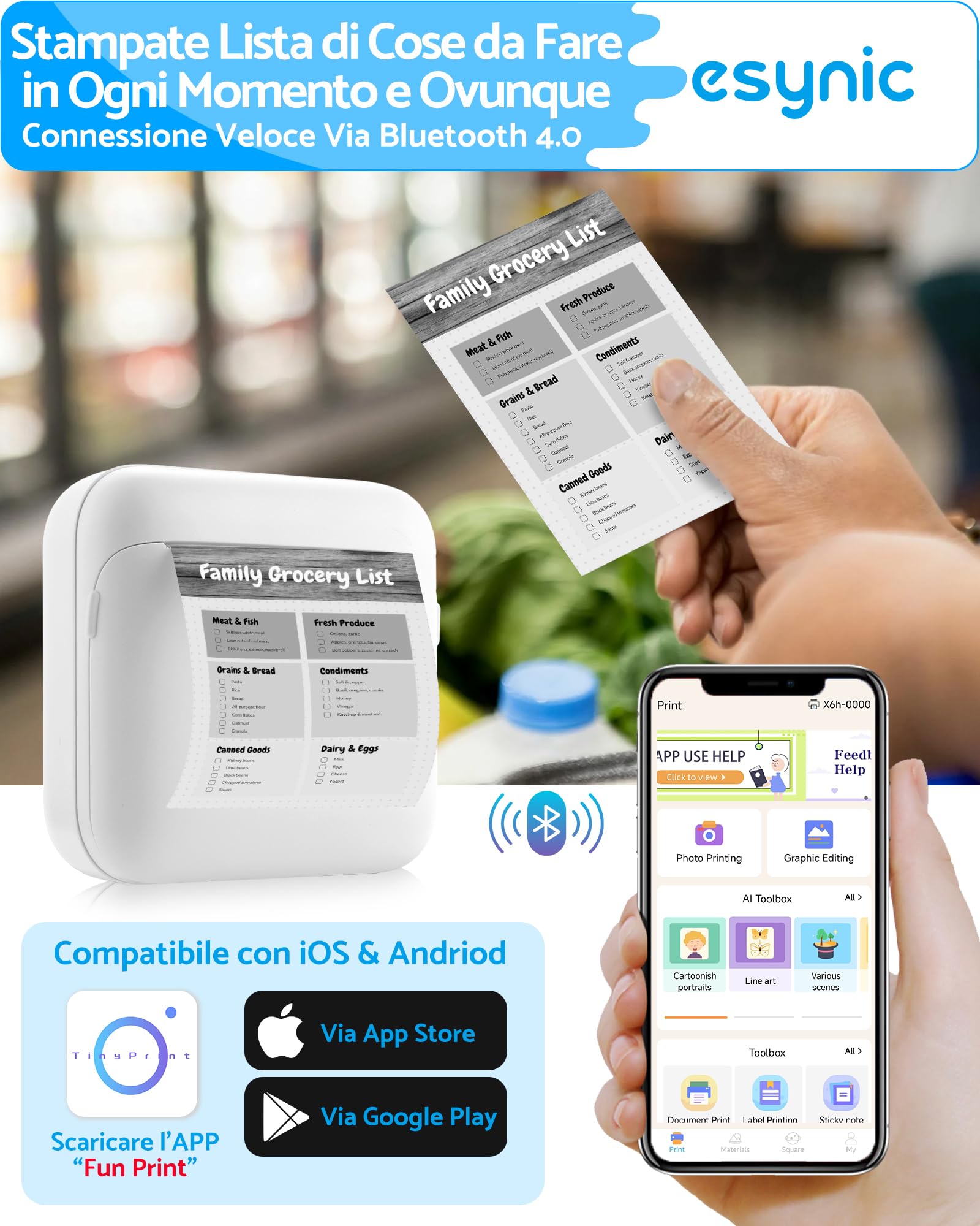eSynic Mini Stampante Termica Portatile Bluetooth Ricaricabile Bianco con 10 Rotoli Carta e 6 Pennarelli