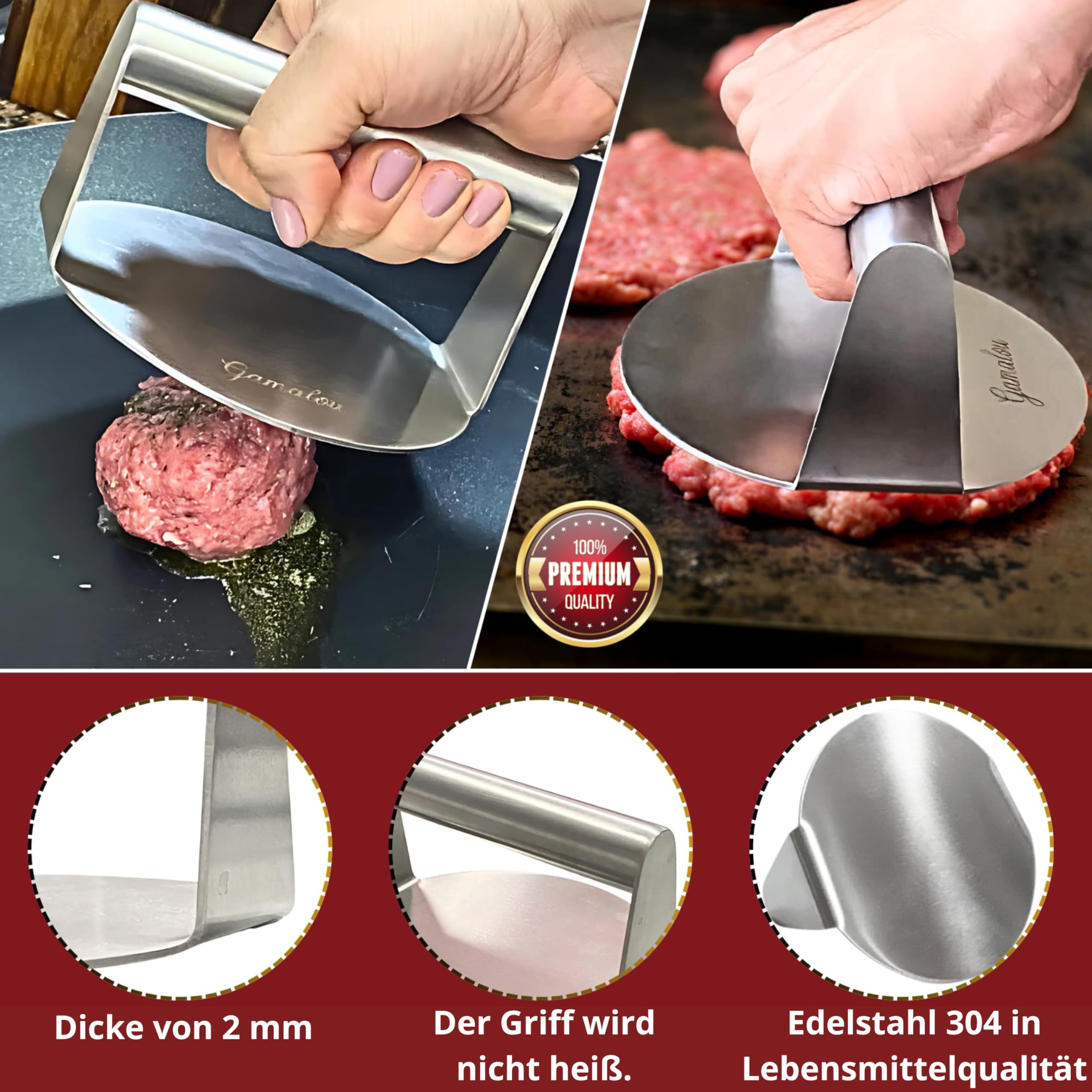 Edelstahl Smash Burgerpresse Set: Burger Smasher mit Grillspachtel 13 cm, Schaber 10 cm, 2 Burgerglocken, Gewürzstreuer & Eierringe für Grill, Grillplatte und Pfanne - EU-zertifiziert