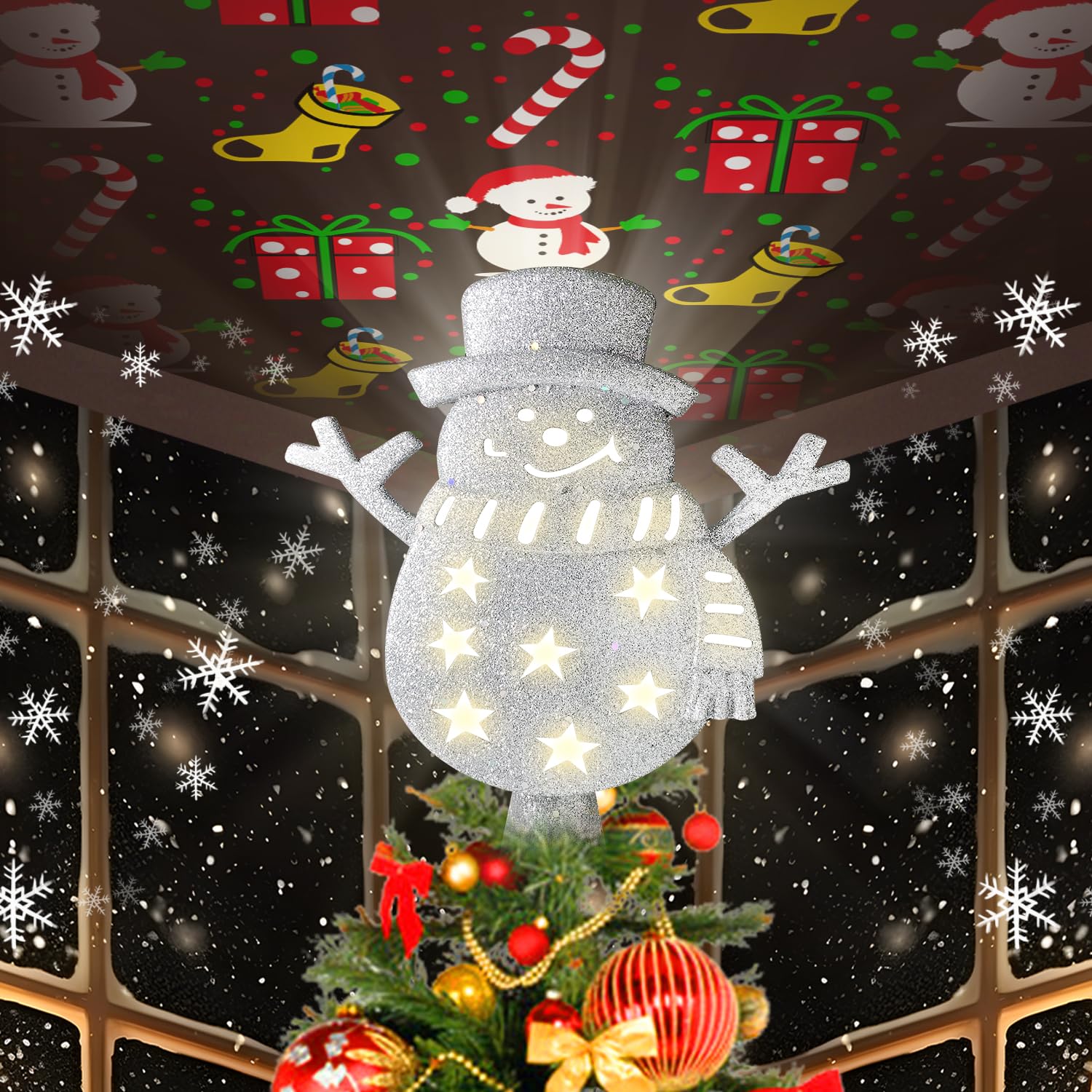 Trrisaun Christmas Tree Topper Lighted with 6 Projected Patterns, Christmas Snowman Tree Topper Built-in LED Rotating Lights, 3D Glitter Projector for Party Holiday Xmas Decorations Gifts