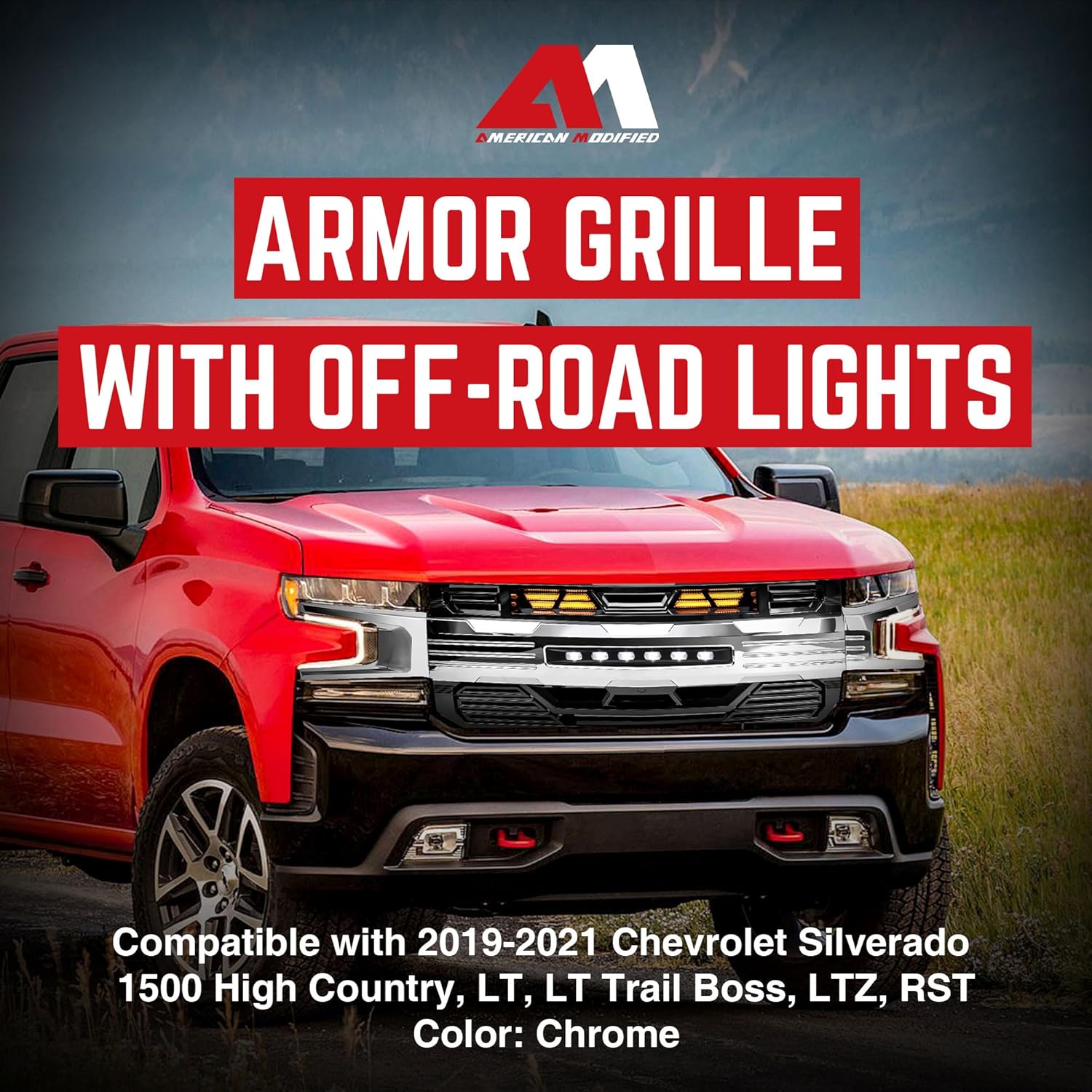 AMERICAN MODIFIED Armor Grille with LED Lights for 2019-2021 Chevy Silverado 1500, Chrome