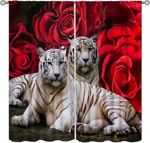 Cortina de tigre para dormitorio, cortinas de leopardo de rosa roja para niños, tratamiento de ventana con temática de animales de África, selva,