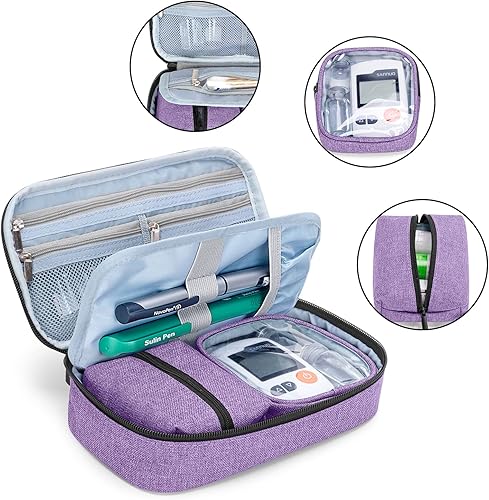 Miniatura 7 de CURMIO Bolsa de suministros para diabéticos para bolígrafos de insulina, medidor de glucosa, medicamentos, estuche de viaje con bolsas desmontables