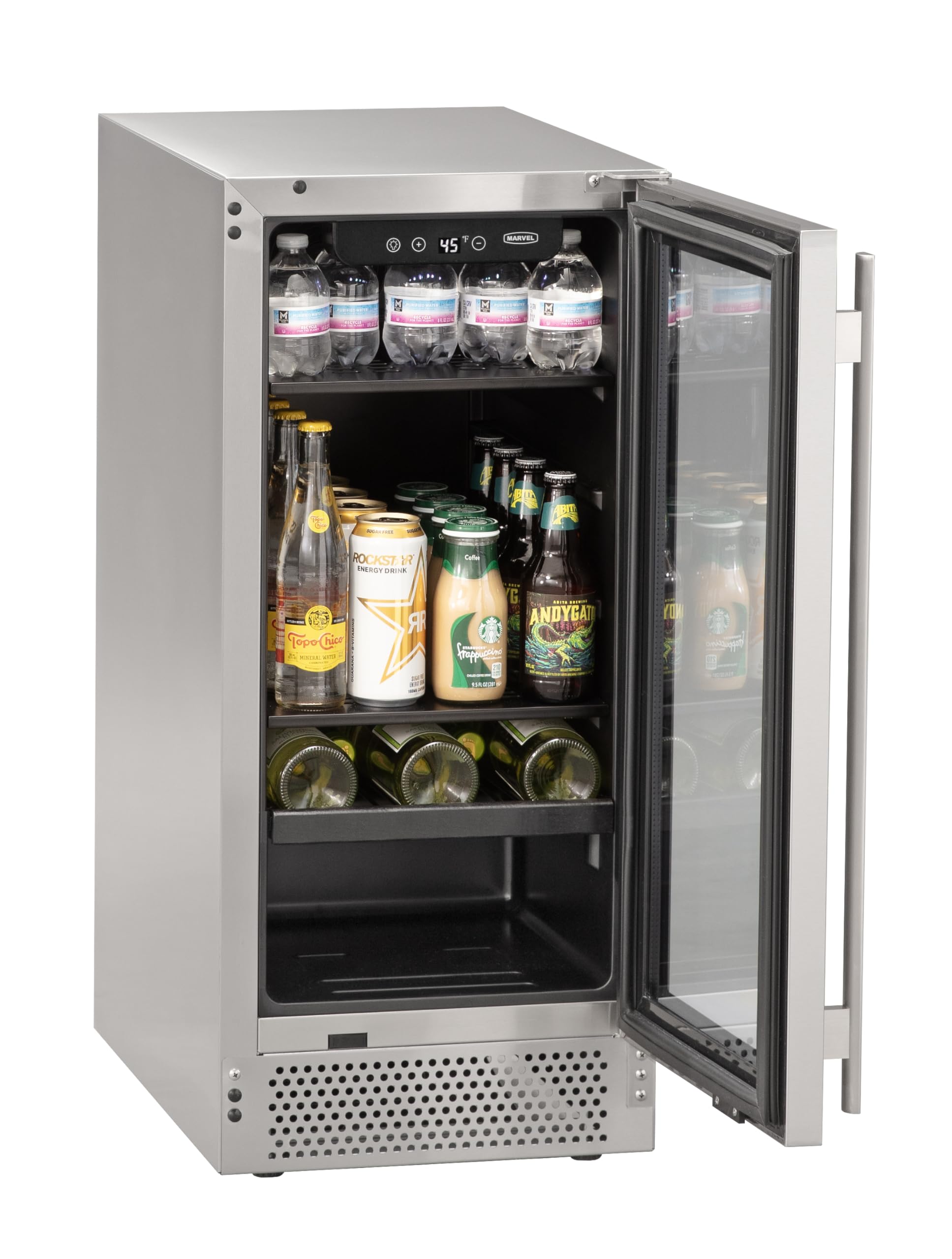 Marvel Northland Collection 15" Undercounter Beverage Center with Glass Door, 2 Adjustable Shelves & 1 Full-Extension Wine Rack, Stores up to 5 Bottles of Wine and 64 12-oz Cans, Indoor/Outdoor Rated | Fridge.com