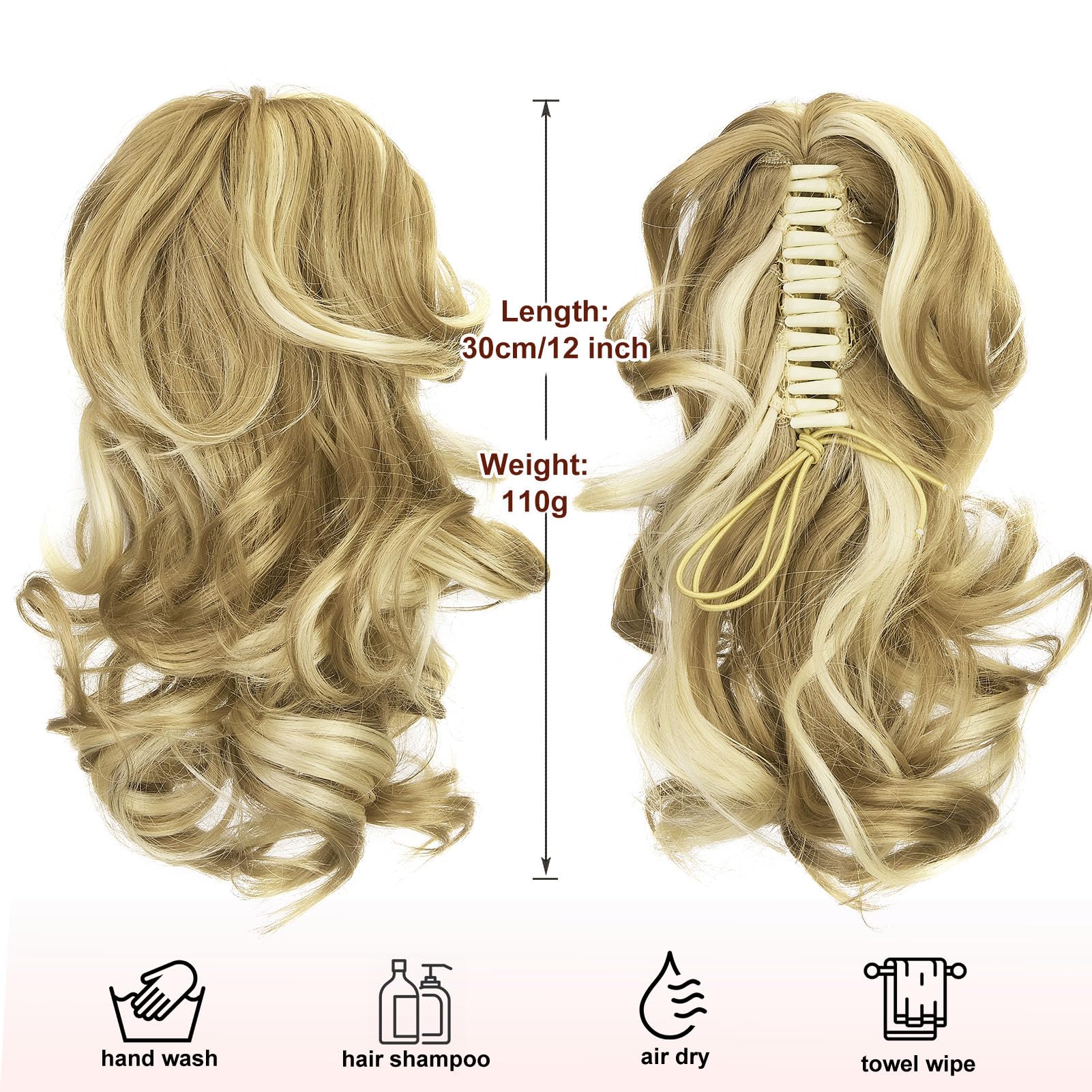 Dcbaboo Short Ponytail Extension Curly 12inch Claw Clip in Ponytail Hair Extensions Long Wavy Synthetic Pony tails Natural Wave One Piece Hairpiece Fake Ponytail for Women Sandy Blonde/Bleach Blonde - Image 3