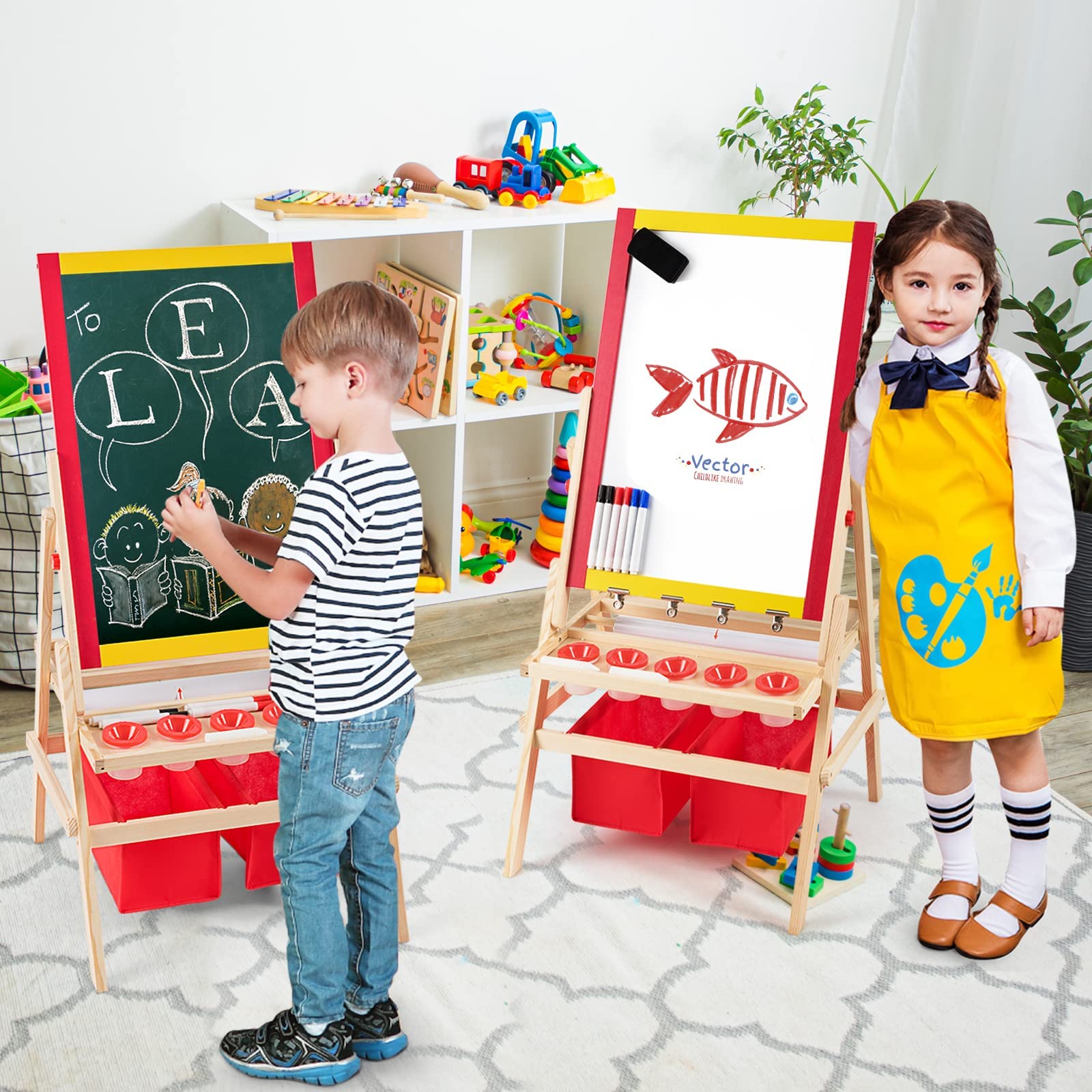 RELAX4LIFE Cavalletto per Bambini, Lavagnetta in Legno di Pino Double Face, Cavalletto Pittura per Bambini con Struttura Triangolare Stabile, Lavagna Multiattività con Lettere, 52,5x51,5x106,5 cm