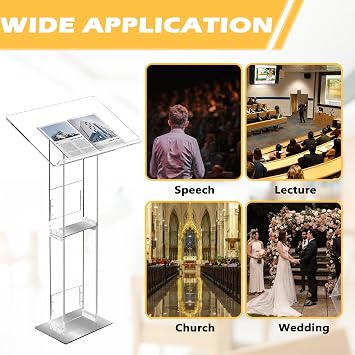 Acrylic Podium Stand, 43.5 Clear Lectern Pulpit for Church & Classroom, Adjustable Angle Reading Surface with Heavy Metal Base, Floor Standing Podium for Weddings, Speech & Office