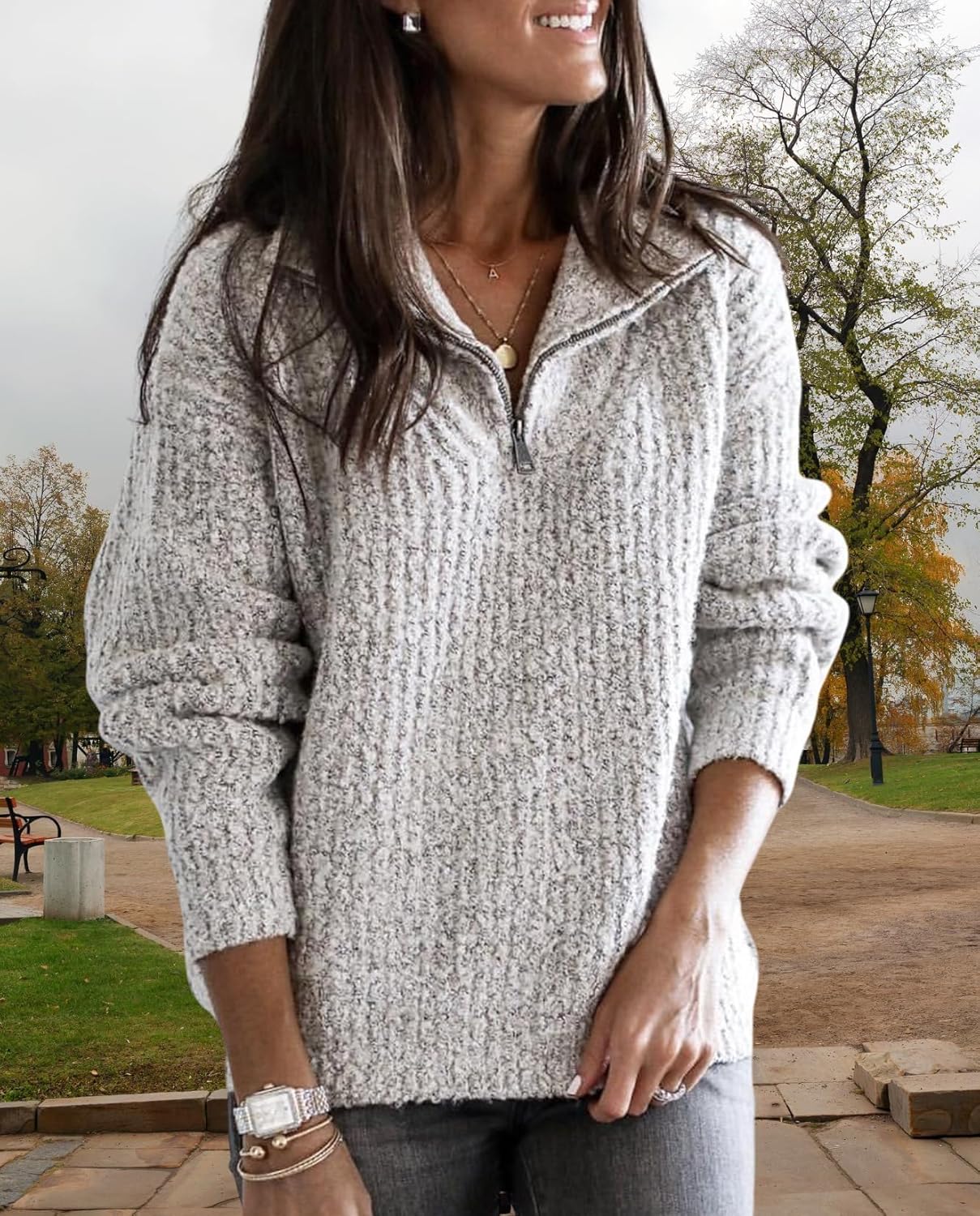 Women's Pullover Sweater - Fall Winter Loose Fit 1/4 Zip Solid Color Casual Top for Vacation Daily Wear - Image 2