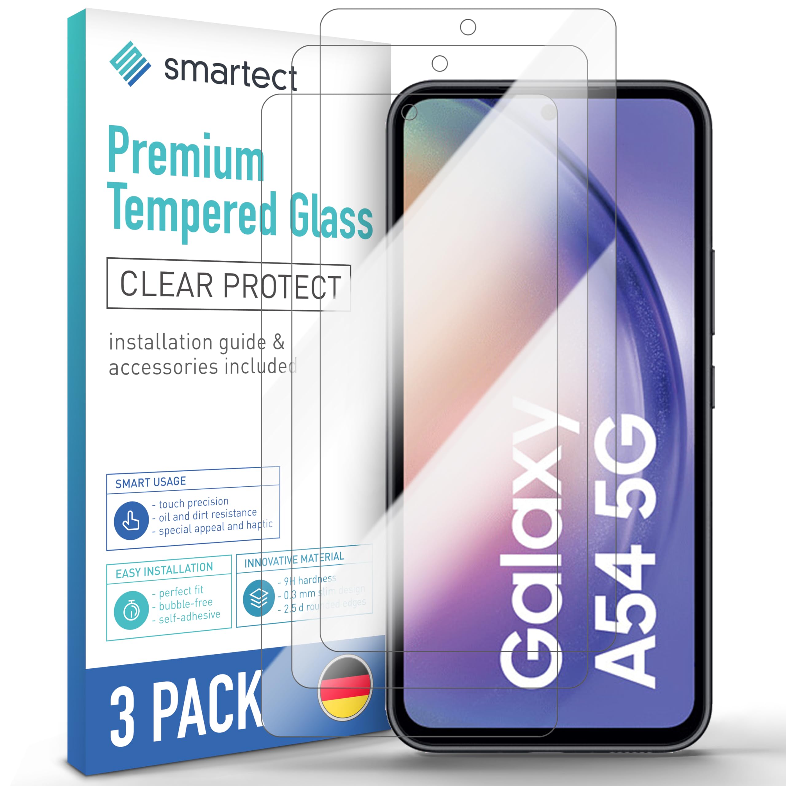 smartect Schutzglas 3 Stück für Samsung Galaxy A54 5G, HD Panzerfolie Anti-Kratzer, Displayschutz 0.3 mm Ultra-klar, 9H Härte, Stoßfest, Blasenfrei