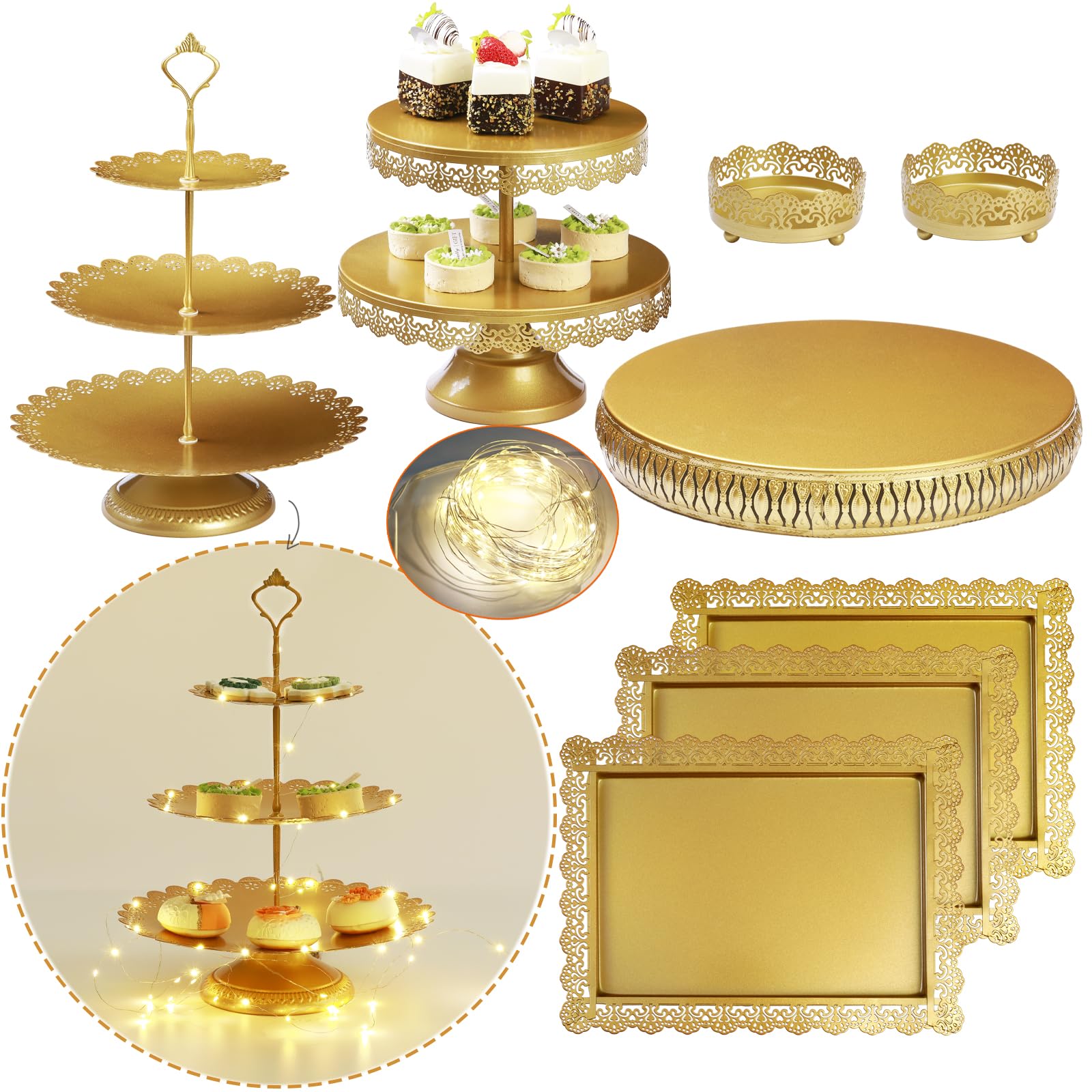 8pcs Cake Stand Set 14" Large Cakes Stand, 2/3tier, Tray, Small Party Dessert Display, Round Metal for Displaying Table for Birthday Party Baby Shower Wedding Decor Cupcake, Gold