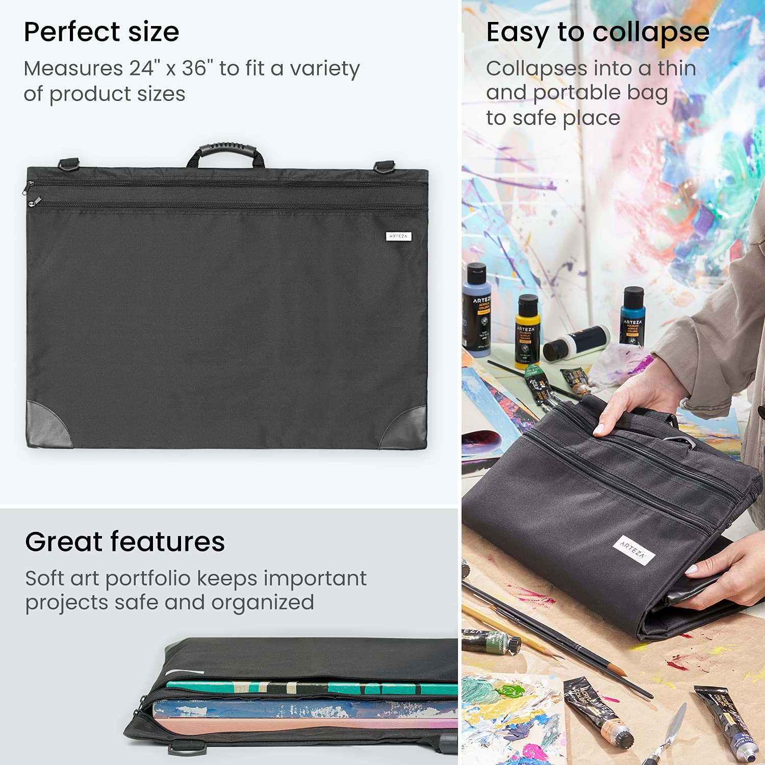 ARTEZA Art Portfolio Case, 61 x 91.4 cm, Black, Large Soft Art Storage Folder for Artwork Organisation, Multicolor, 24x36 Inch - Image 2