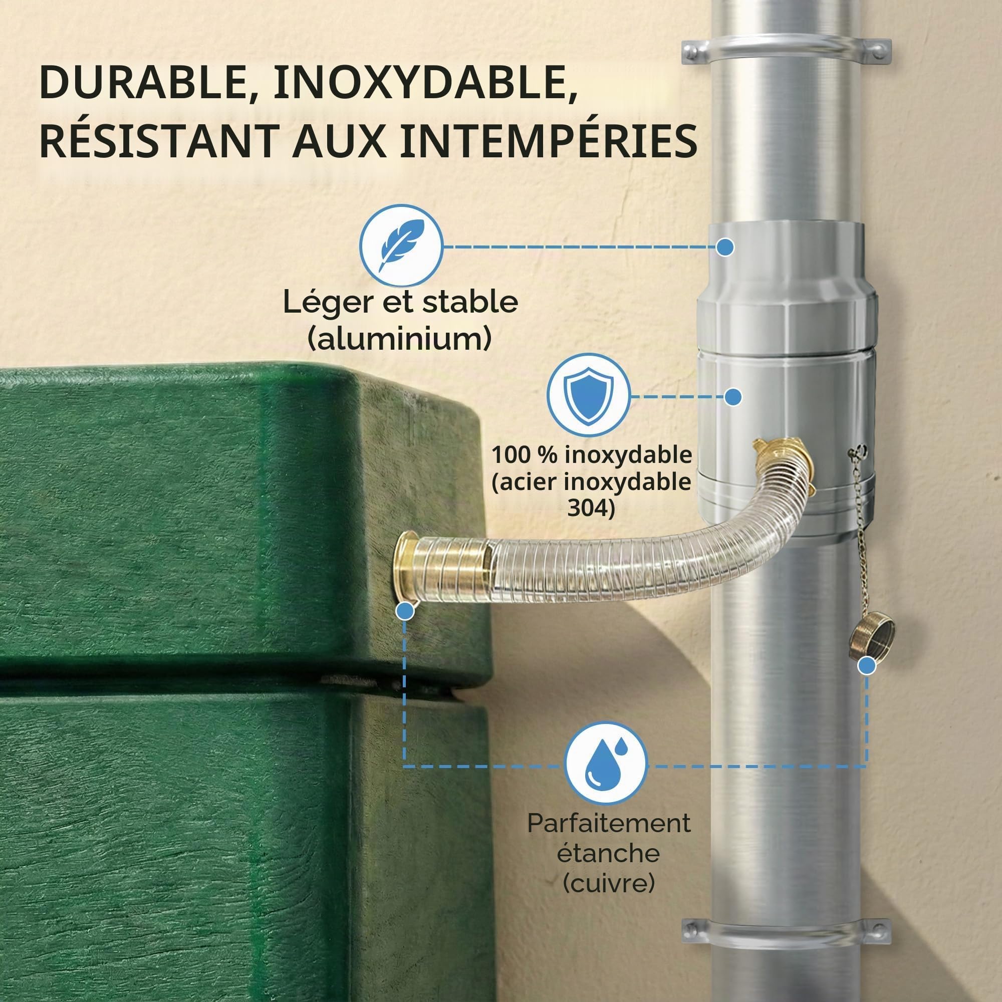 Collecteur d’Eau de Pluie pour Tuyau de Descente Ø 100mm, Récupérateur d’Eau en Acier Inoxydable et Aluminium, avec Tuyau de 45 cm et Raccord pour Cuve, Construction à Double Paroi, Rendement de 85%