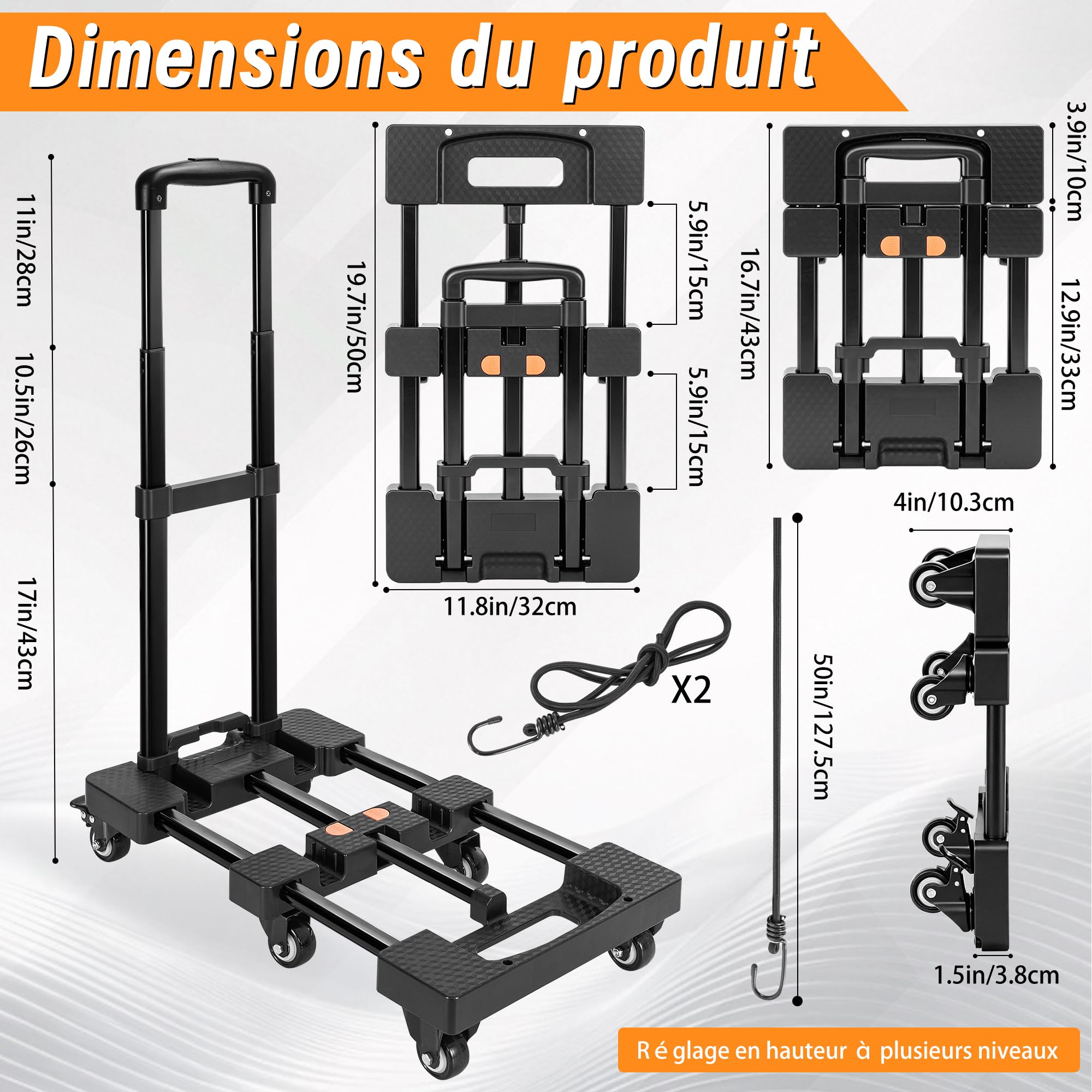 OUUTMEE Diable Pliable - Capacité de Charge Jusqu'à 225 kg | Roulettes Silencieuses, 6 Roues, 2 Cordes élastiques, Chariot à Utilitaire Pour Déménagement/Bureau/Transport intérieur