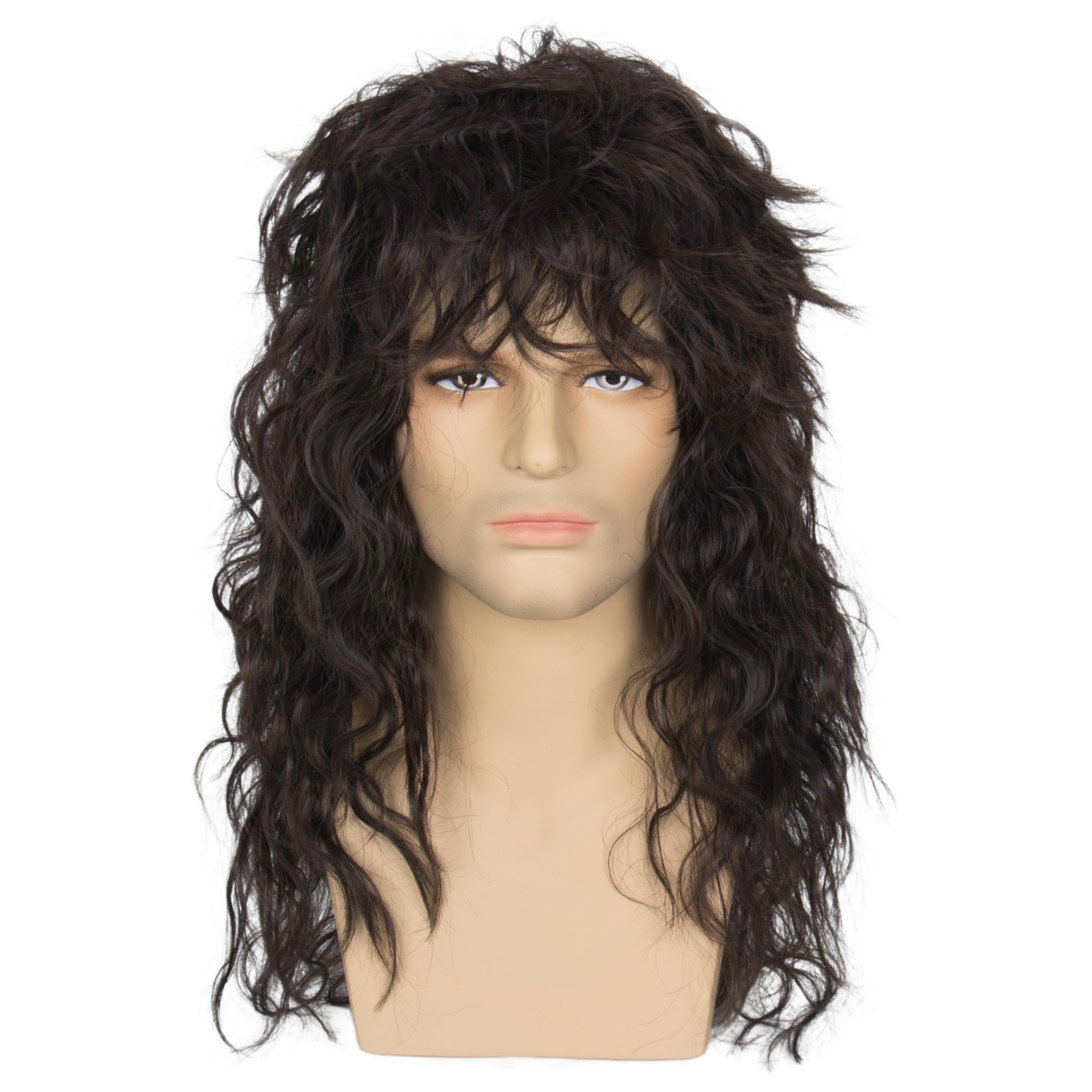 Mens Long Dark Brown Mullet Rocker Wig Eddie 80s Curly Wig Halloween Party Hair