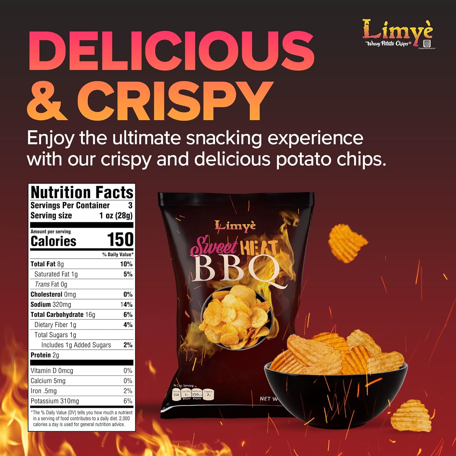 Limyè Potato Chips, World Spice Flavor & Sweet Heat BBQ, Kosher Certified, Allergen Free Vegan potato chips, 3 Oz (12 Pack)