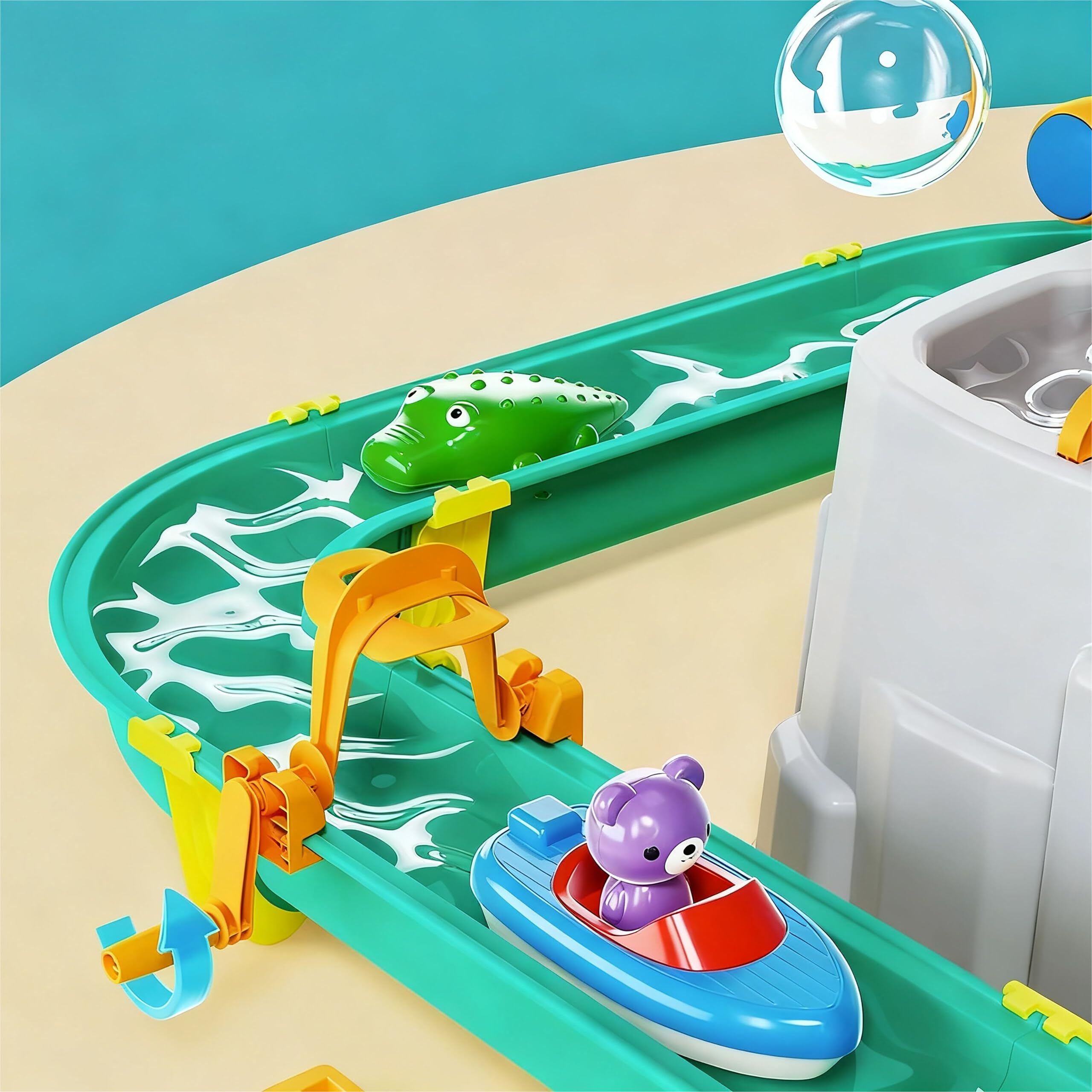 Relaxdays Wasserbahn Kinder, HBT: 71x71x101 cm, Outdoor, Wasserspielbahn, Boote & Angel, Wasserstraße, Kunststoff, bunt