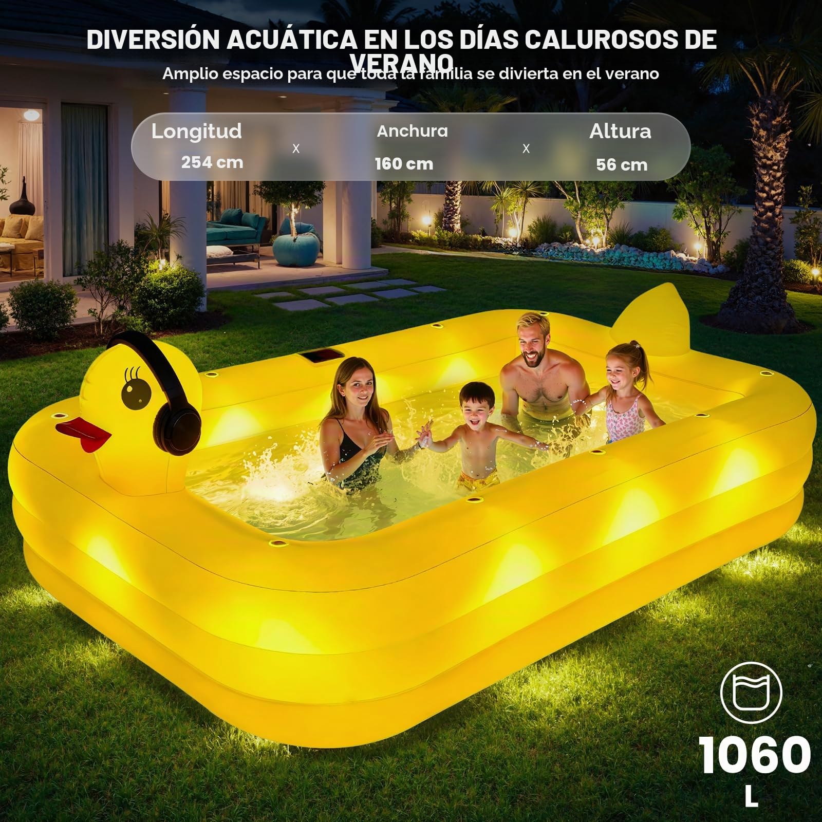 KingSom Piscina Hinchable con Luces, Anatra Piscina Inflable Solare, Piscina Hinchable Rectangular Grande para Niños y Adultos, 254 x 160 x 56 cm Piscinas Hinchables Familiar para Jardin, Exterior
