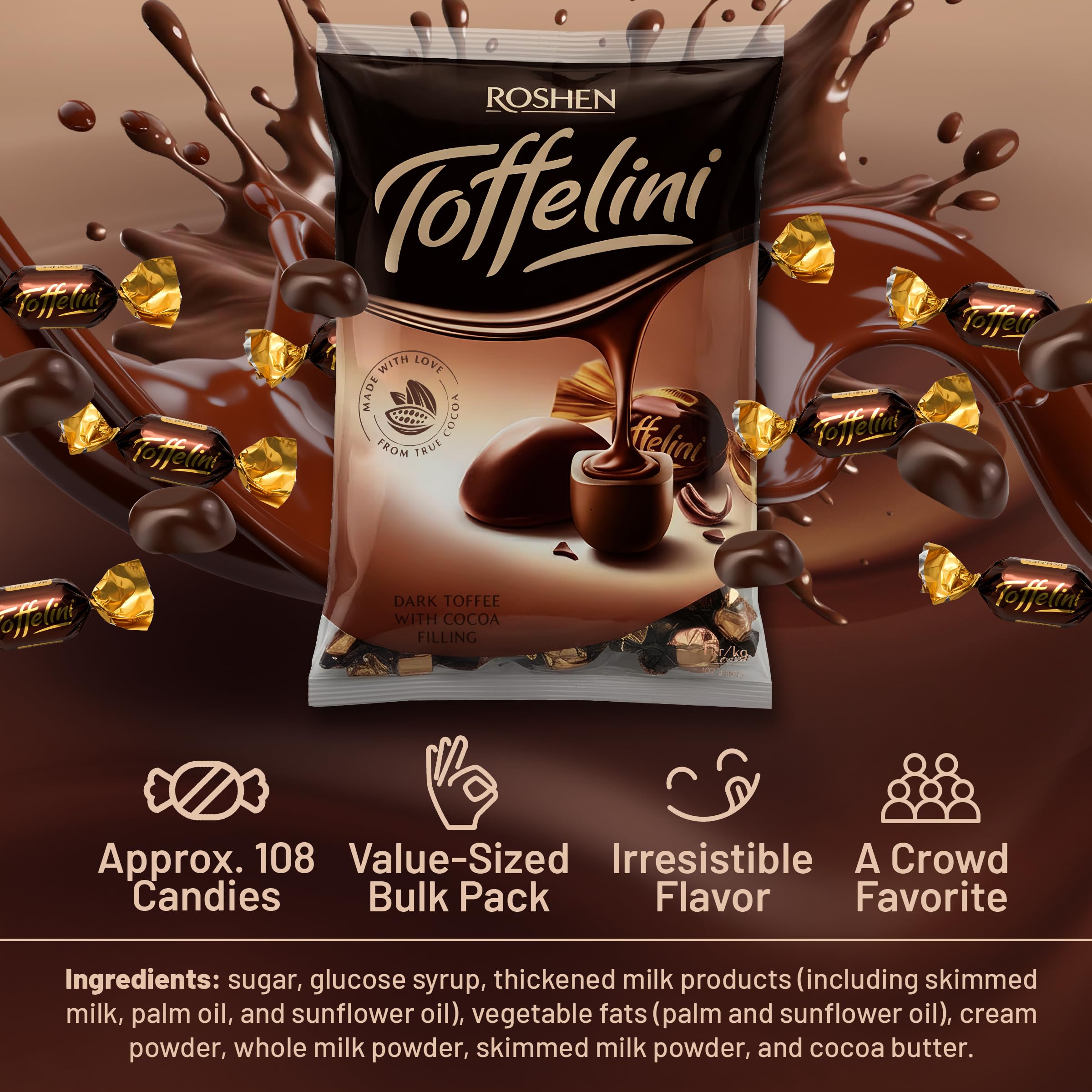 Roshen Toffelini Caramelle al Toffee Ricoperte di Cioccolato Fondente con Ripieno di Cacao, 1 kg